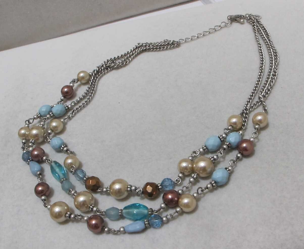 Vtg PREMIER DESIGNS 3-Strand White & Brown Faux Pearls Aqua Beads Necklace
