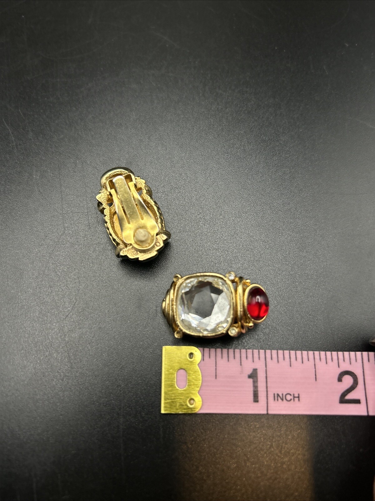 Orena Paris Signed French Vintage Crystal Faux Ruby Enamel Clip On Earrings
