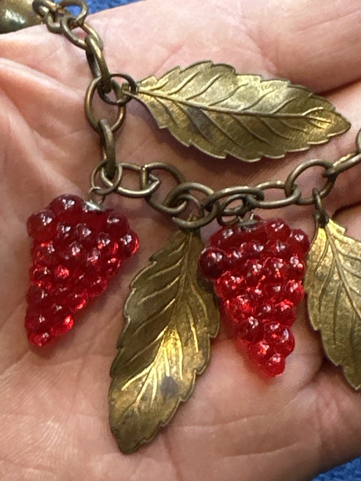VINTAGE GLASS GRAPE CLUSTERS WITH BRASS BELLS & LEAVES BRACELET COSTUME JEWELERY
