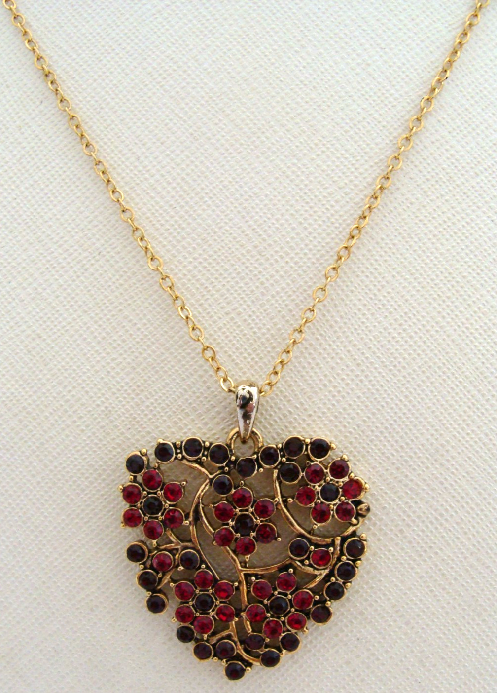 Gold-Tone Victorian Trading Co. Necklace With Red & Black Stone Heart Pendant