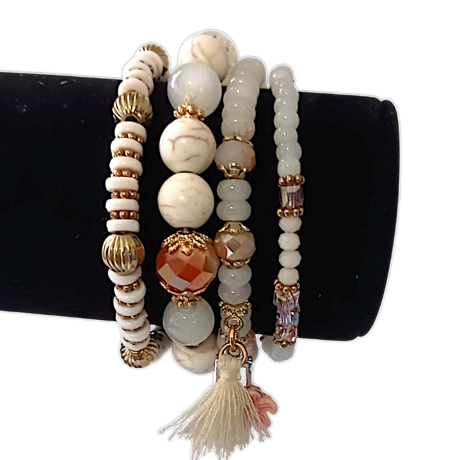 Y2K Multi Strand Beaded Bracelet Glass Stacked Floral Neutrals Fairy Indie Boho