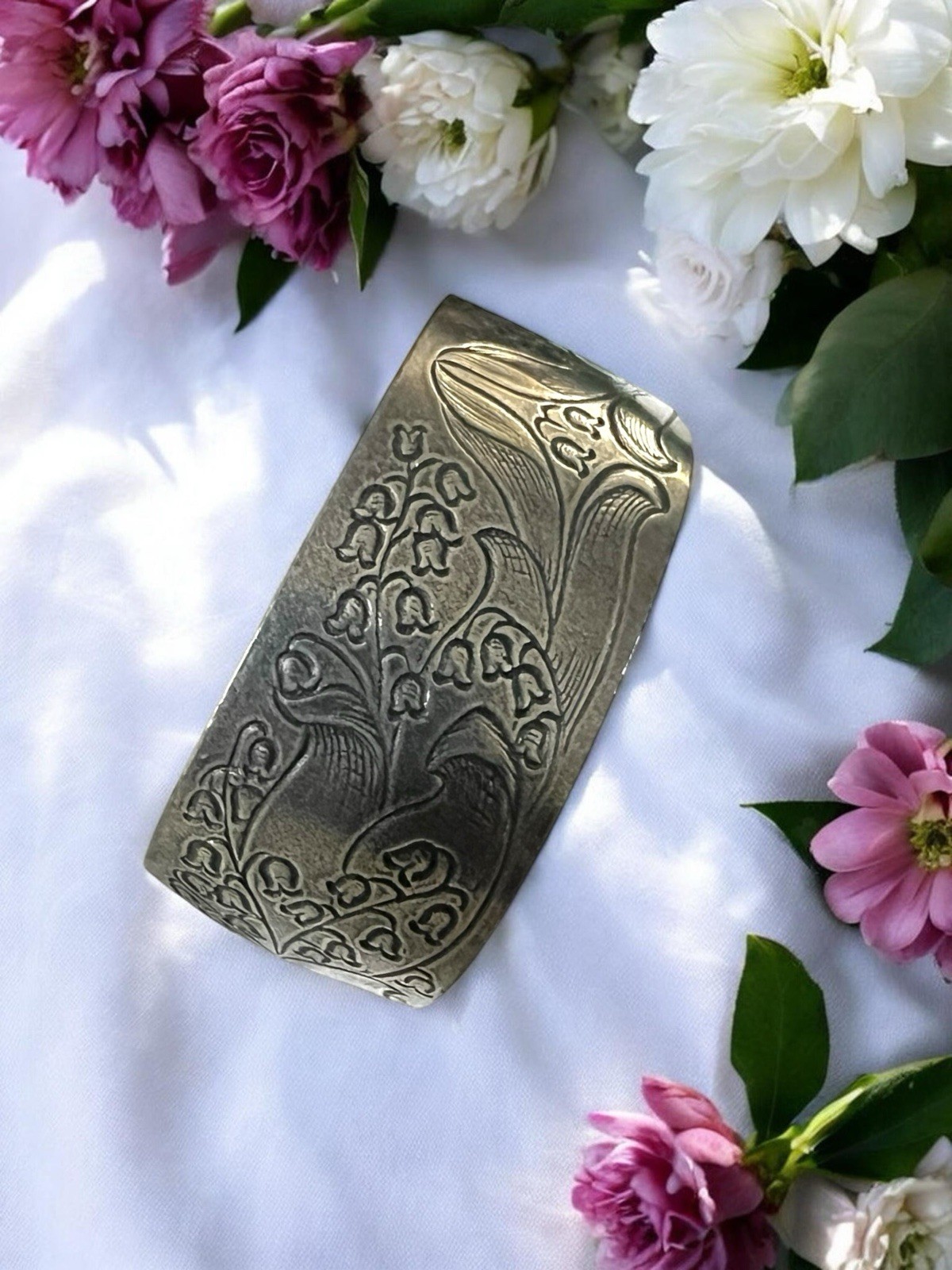 Salisbury Pewter Flower of the Month May Lilly Of Valley 2” Wide Cuff Bracelet