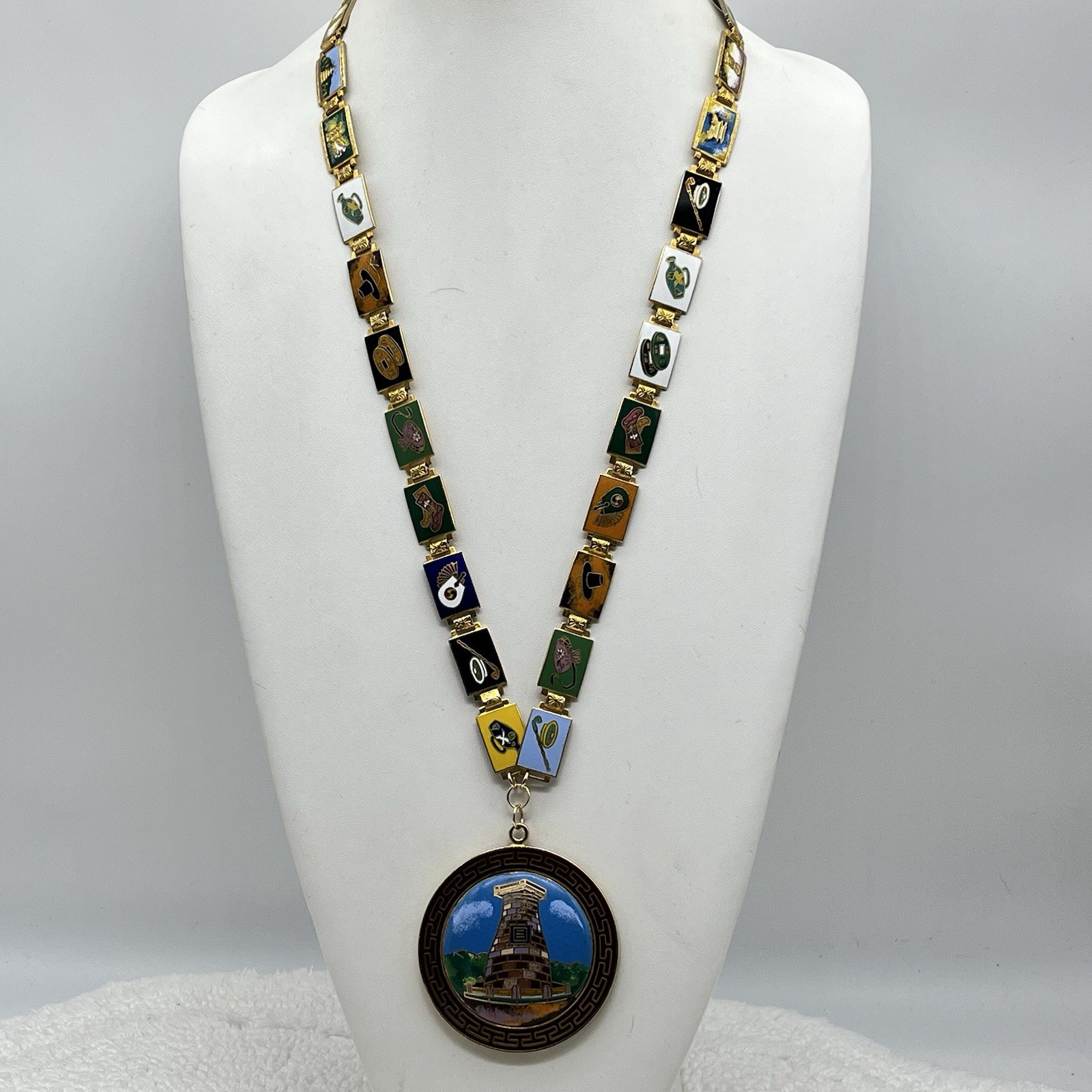 Vintage Bug Co Souvenir Necklace Cloisonné Medallion Various Scenes 30″ READ