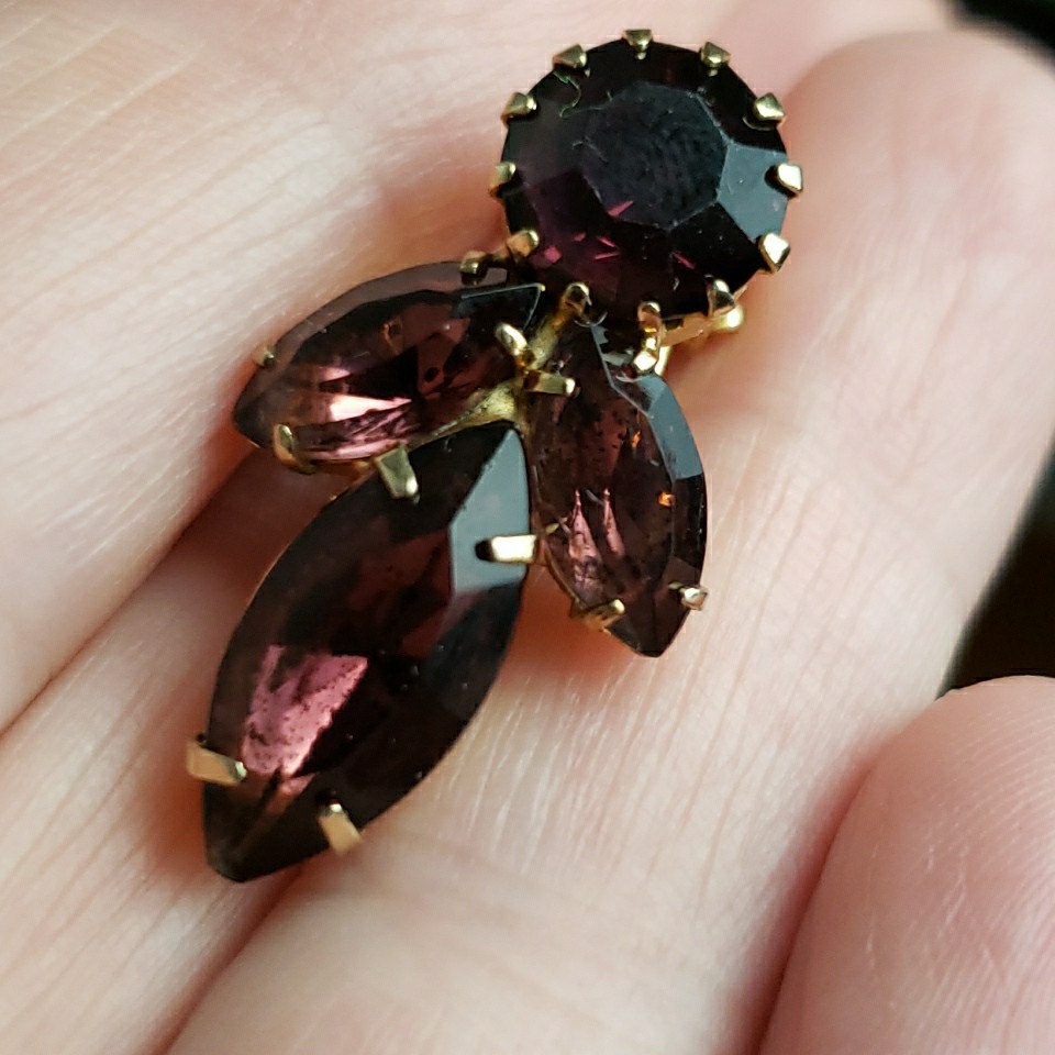 Vintage Purple Cluster Navette Prong Earrings Clip On Gold Tone