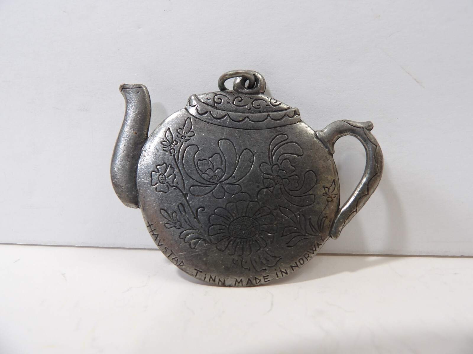 Vintage Havstad Tinn Signed Pewter Tea Pot Pendant Or Ornament ~ Made In Norway