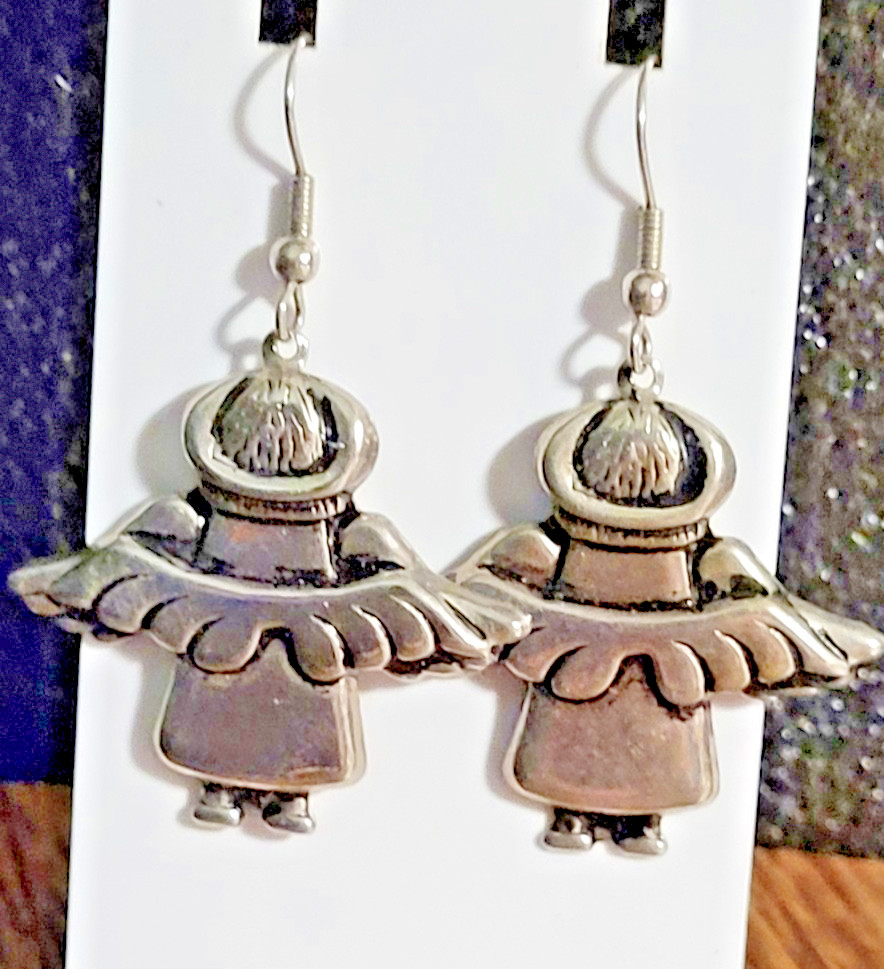 Vintage Sterling Silver 925 Angel Dangle Earrings Textured Wings Folk Art
