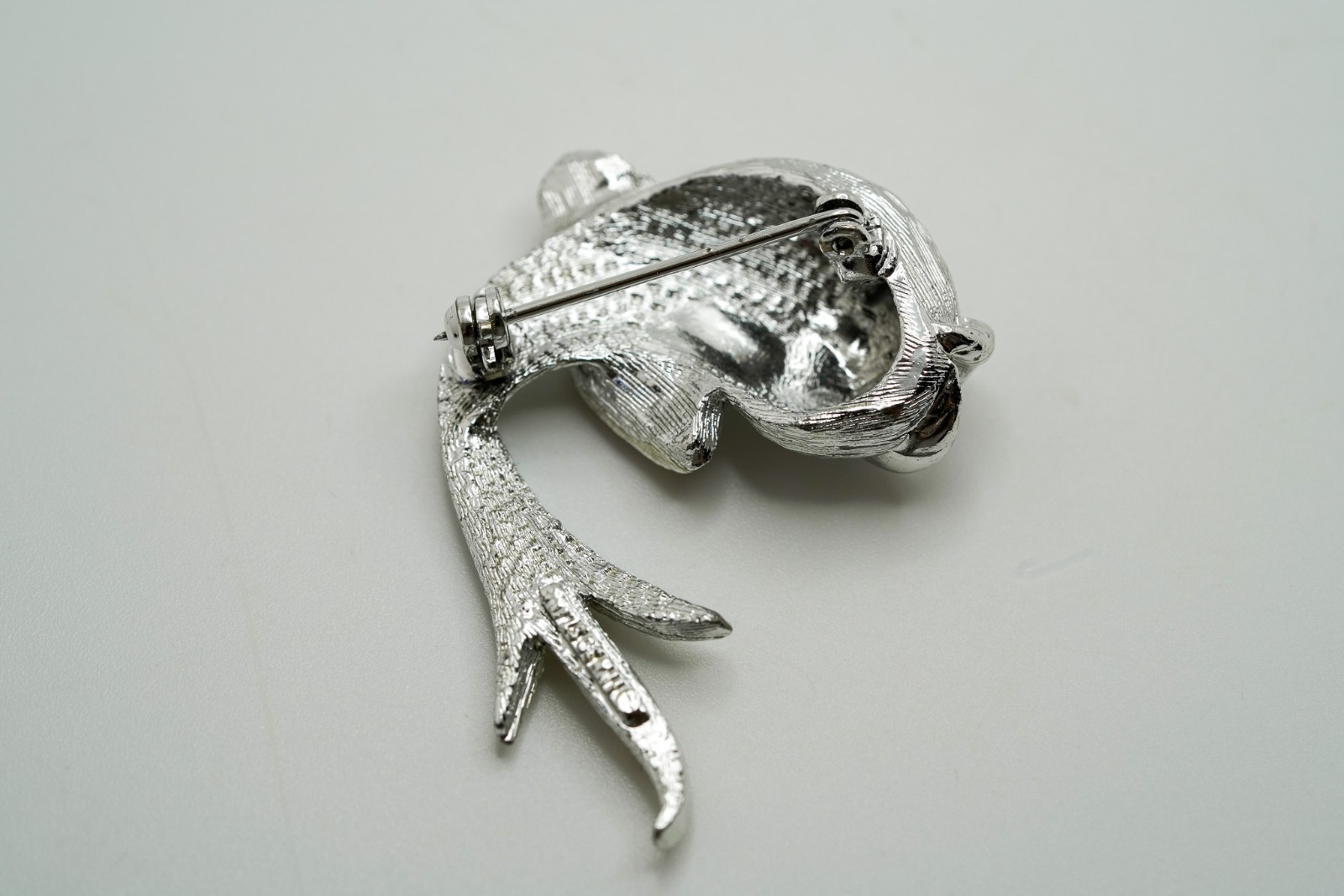 Vintage Silver Tone Rhinestone Mythological Fish Brooch Signed 4.8cm JB45