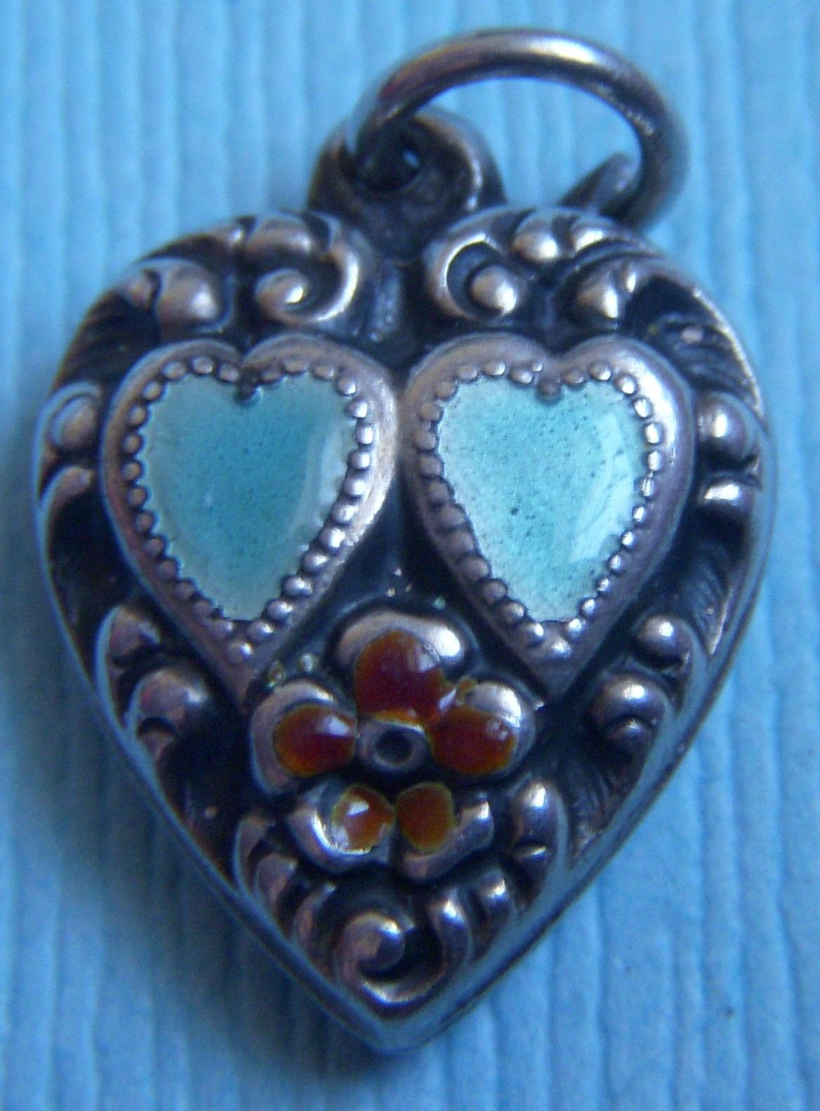 Vintage enamel hearts and flower puffy heart sterling charm