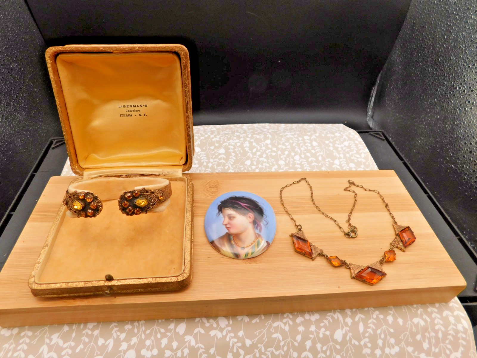 ART Deco jewelry lot Ornate bracelet Brass & glass topaz color necklace Portrait