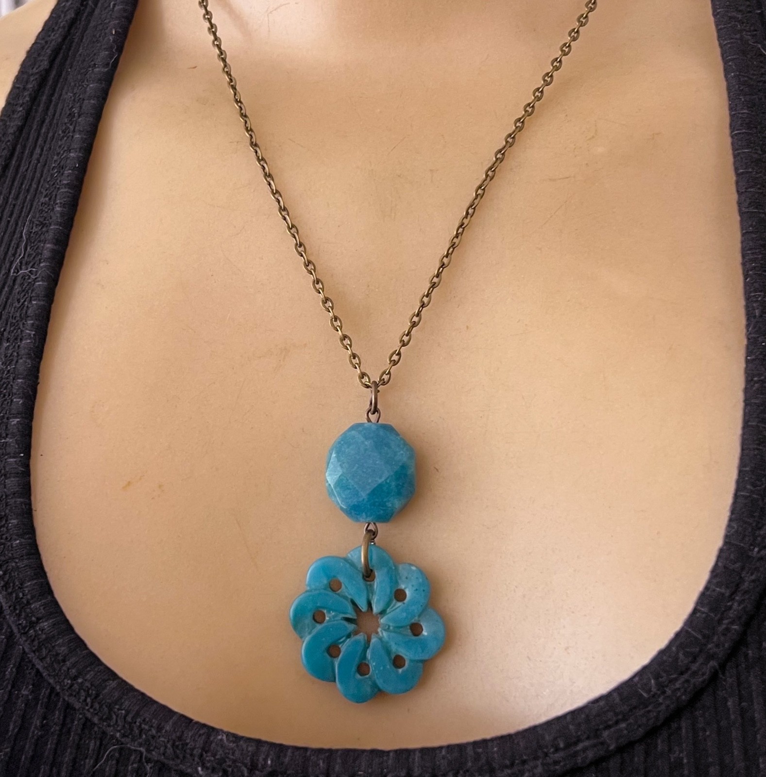 Artisan Necklace Large Carved Teal Wheel of Life Gemstone Pendant