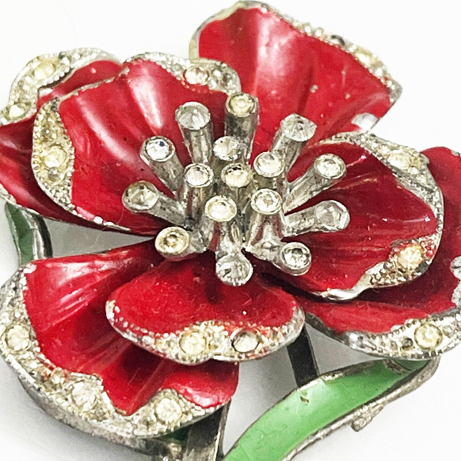 New England Glass Works Trembler Brooch Red Pansy Flower Enamel Pot Metal