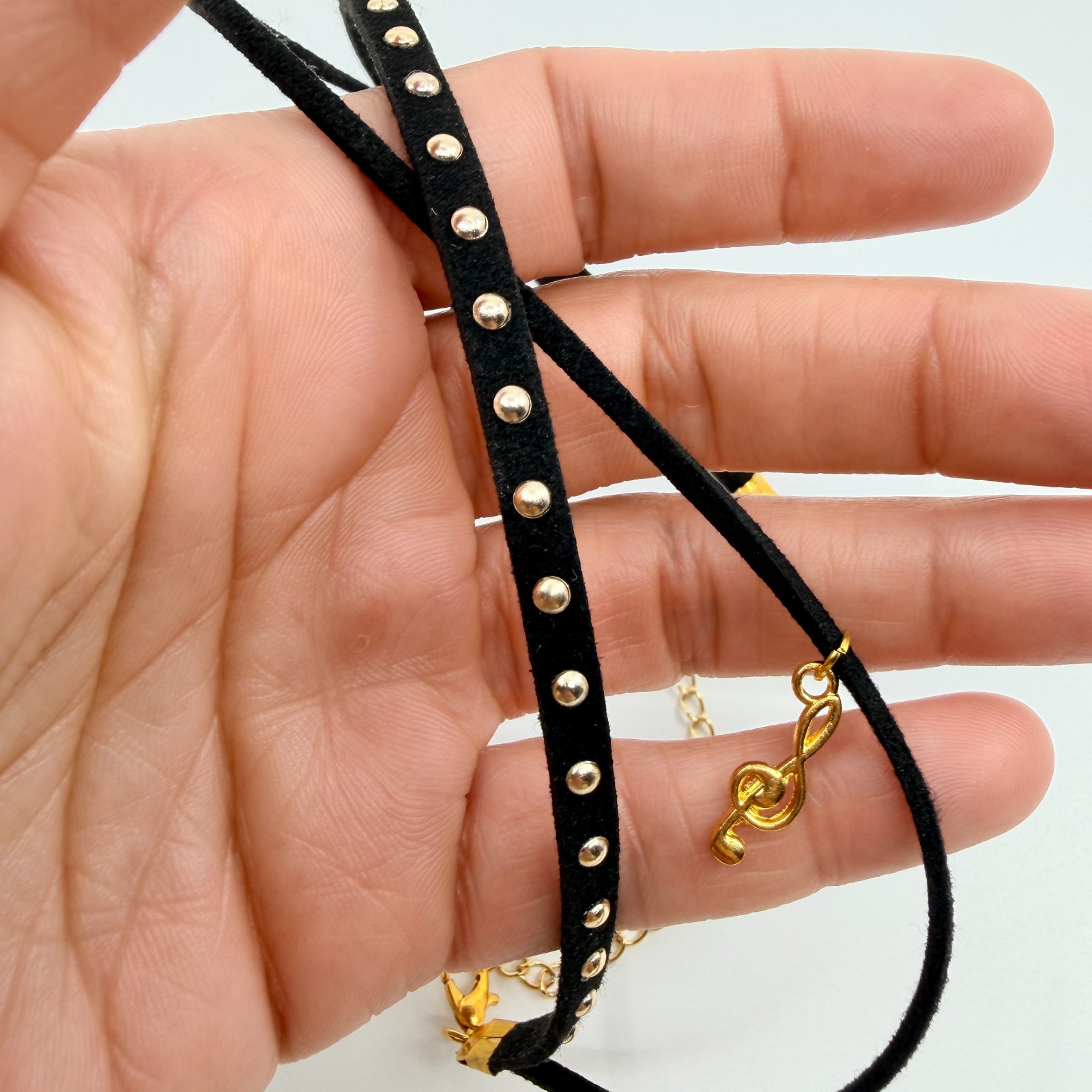Vintage Black Choker Necklace Layered Double Strand Suede Studded Treble Clef