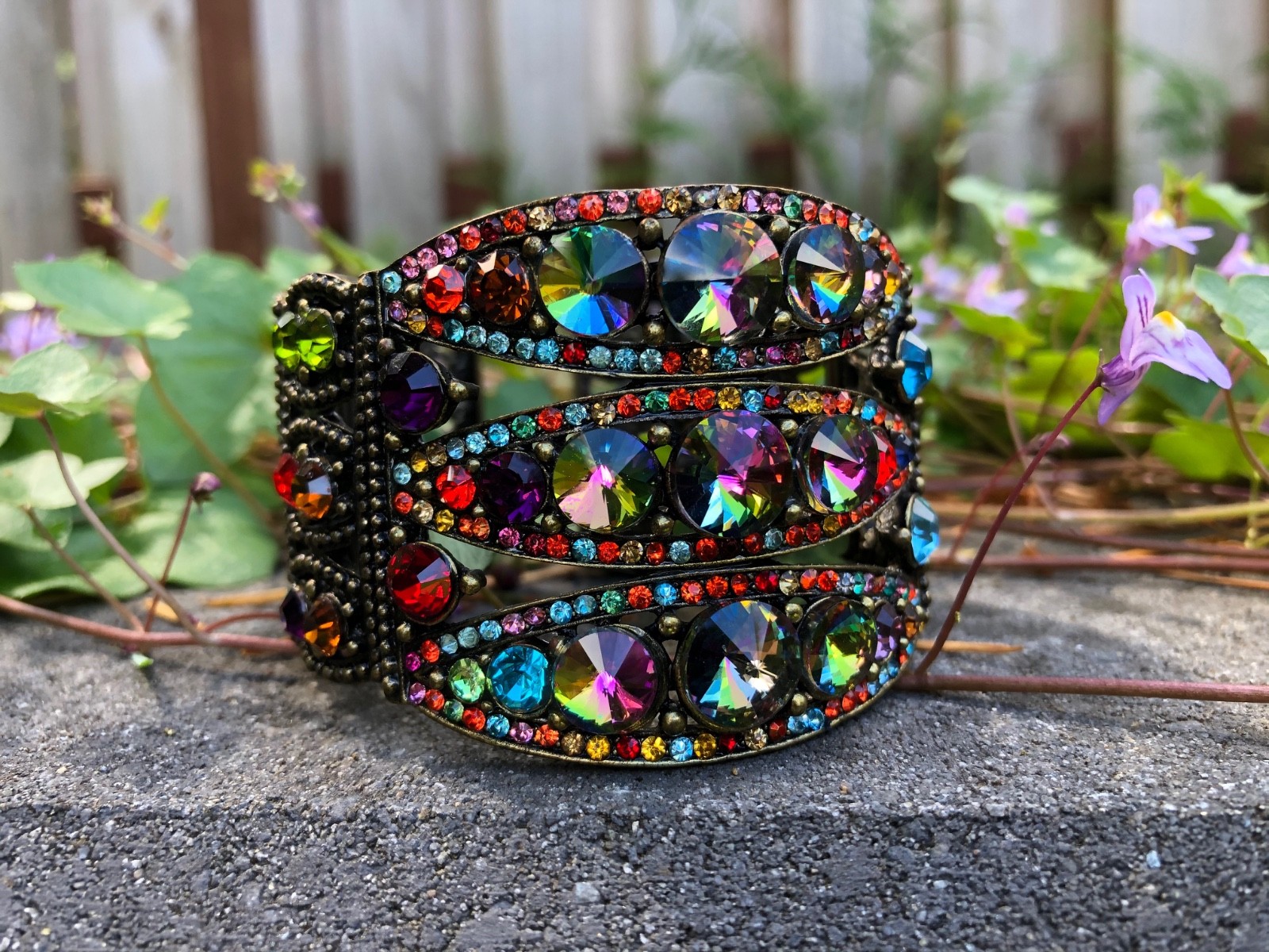 Vintage Multi-Color Crystals Cuff Bracelet w Bronze-Toned Finish – Swarovski