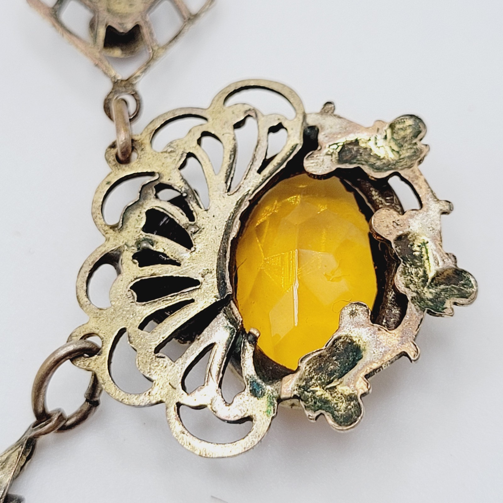 Czech Glass Art Nouveau Deco Flower Motif Brass Festoon Bib Amber Citrine 15 In