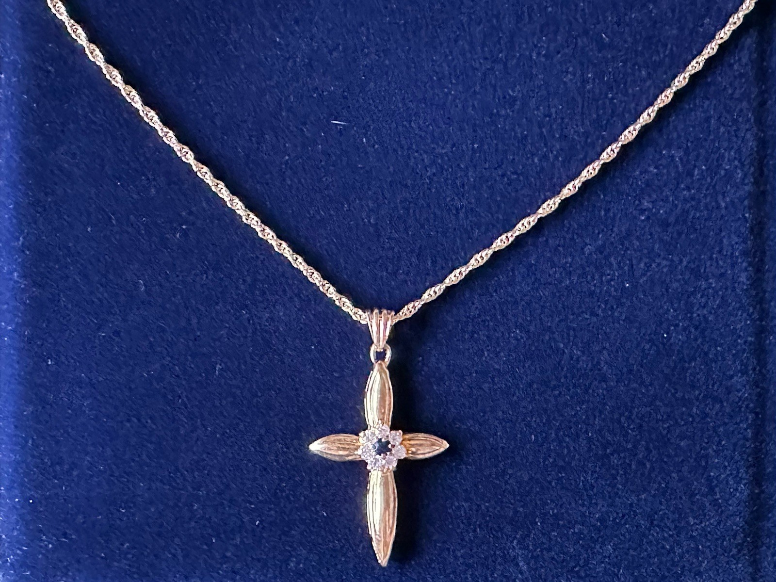 Vintage Gold Plated Cross Necklace Genuine Blue Sapphire CZ Korea Box Cert
