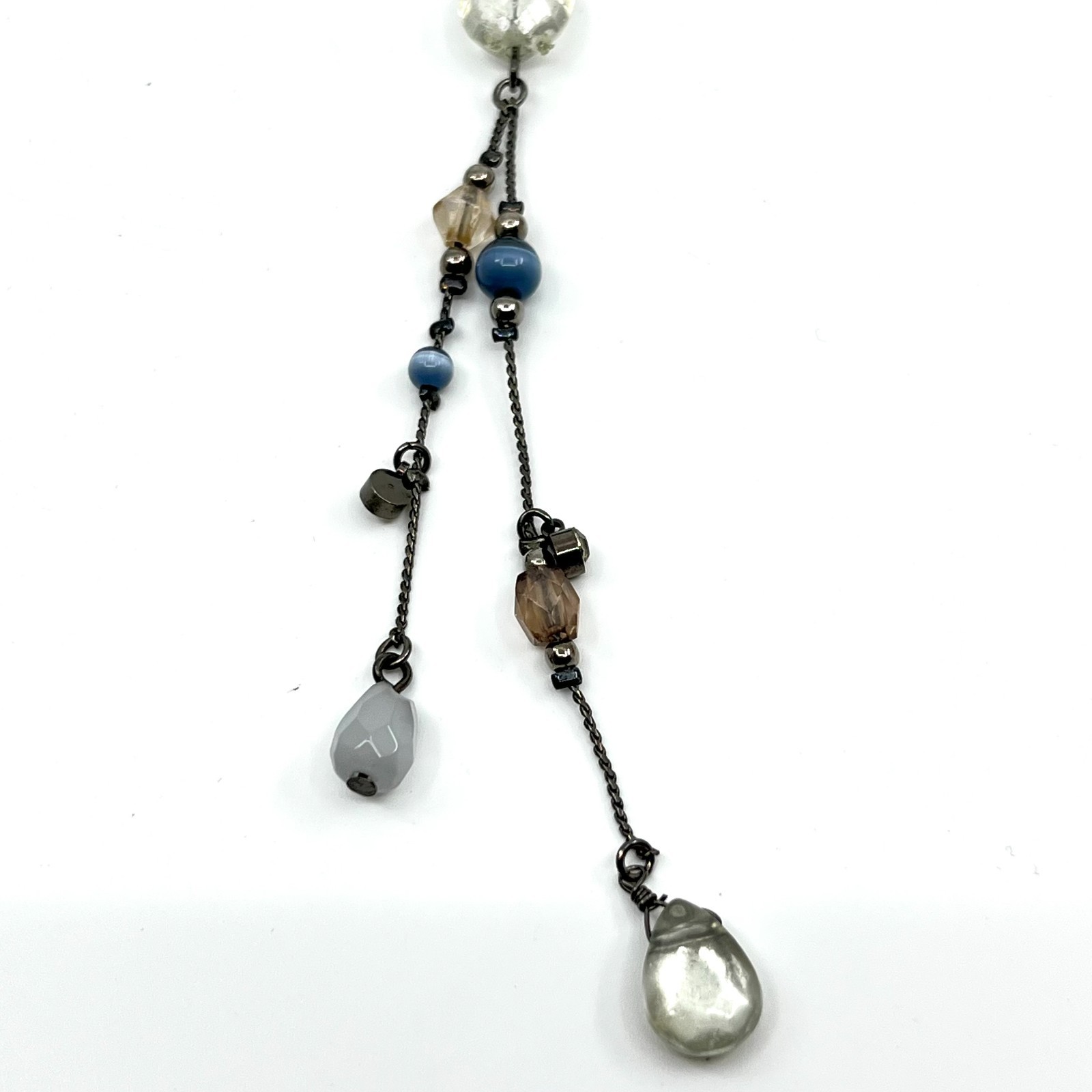Vintage Y2K Gunmetal Blue Beaded Y-Necklace Tassel Drop Boho Aesthetic Classic