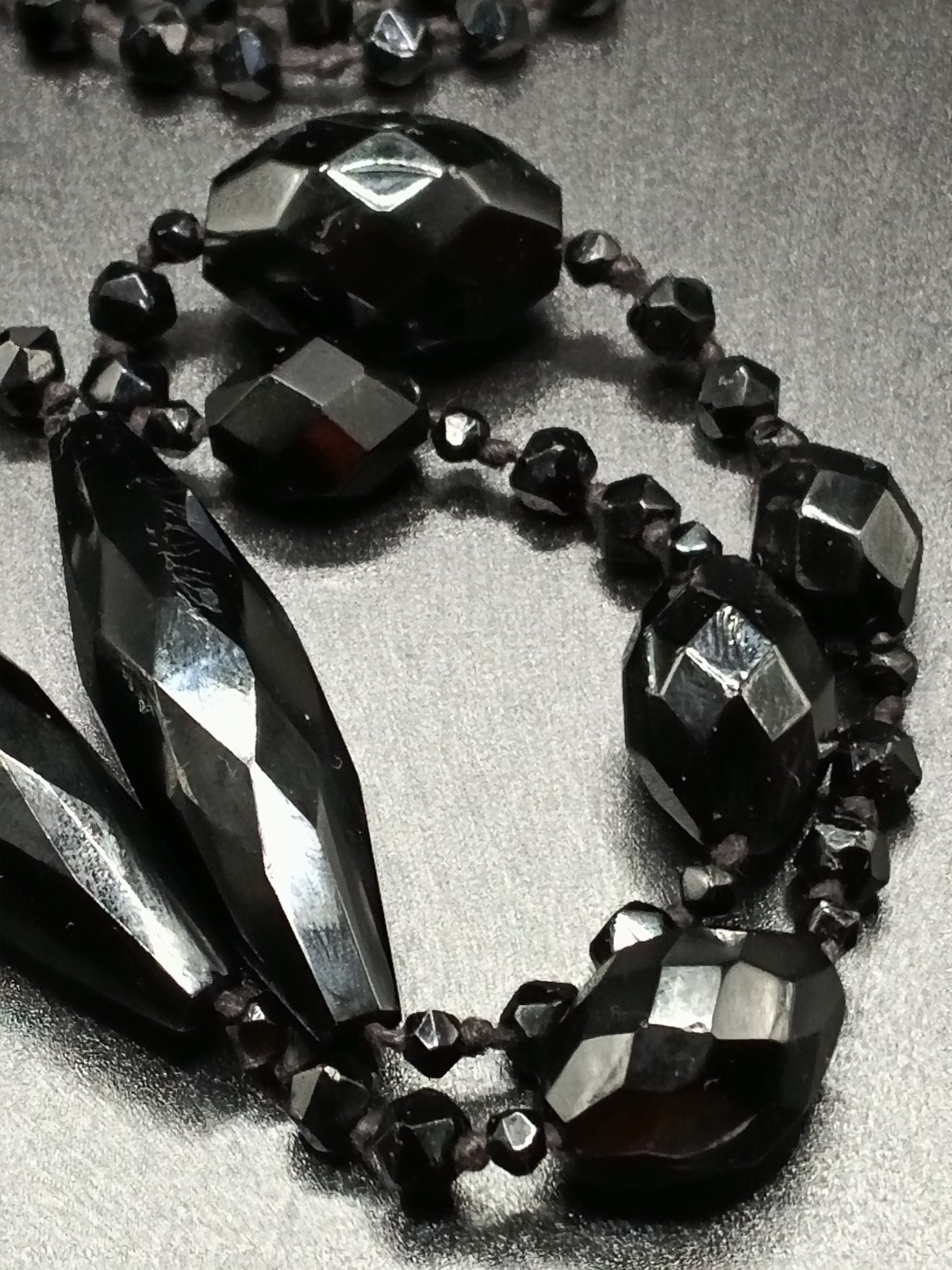 French Jet Multi-Size Bead 44” Necklace, Hand Knotted, No Clasp