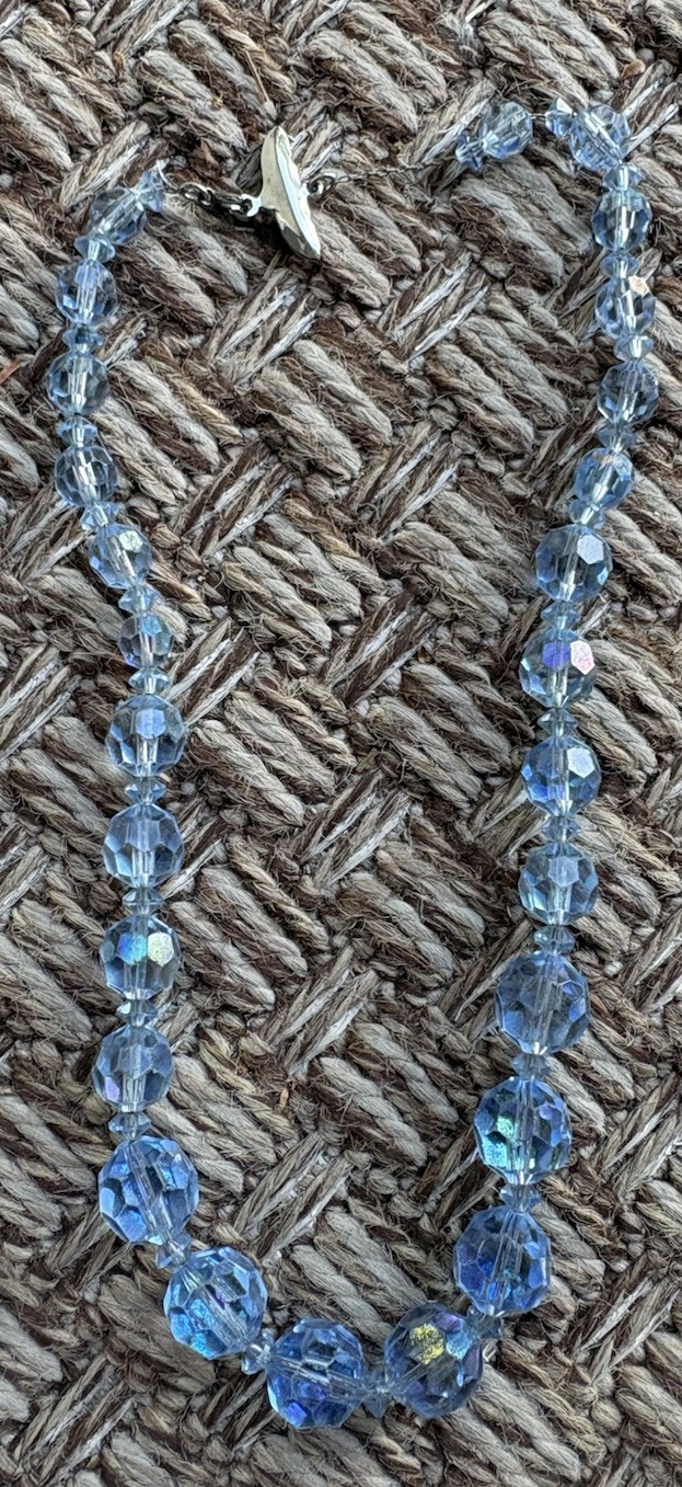 Vintage Czech beaded 14” necklace Graduated Lt blue faceted glass crystal beads