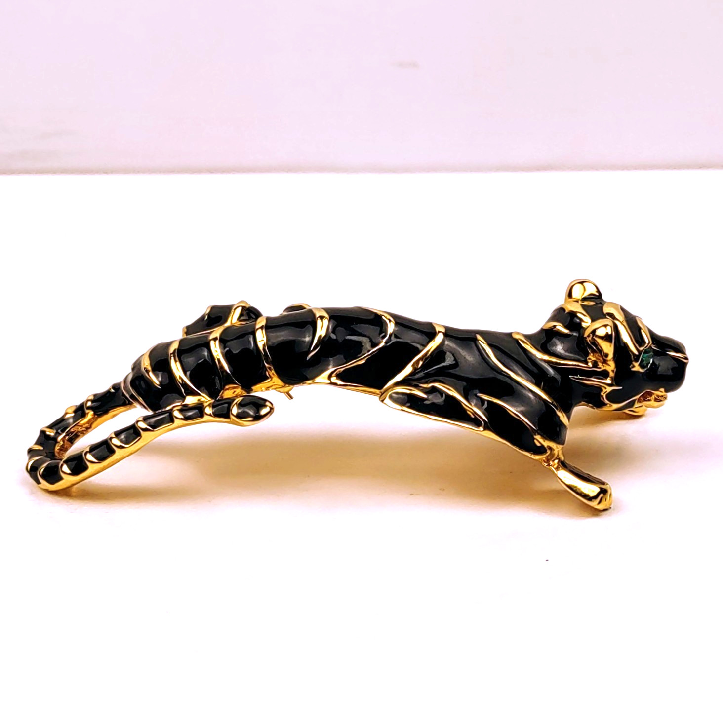 Tiger Brooch Black Enamel Gold Colored Metal Stripes Green Rhinestone Eyes 4.5″