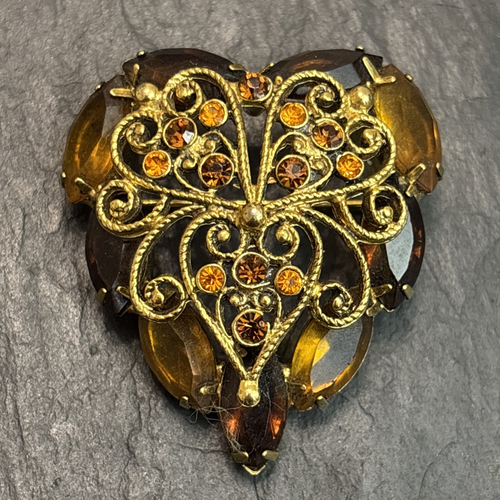 Juliana Delizza Elster Vintage Fall Heart Design Brooch Glass Gold Plated 5c