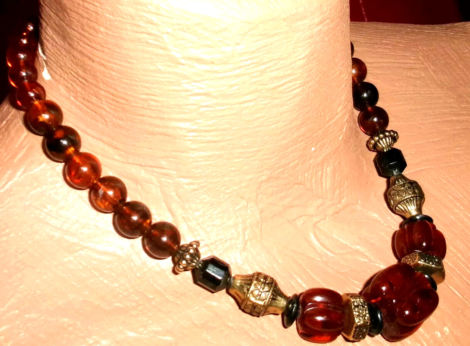 Vintage Cinnamon,Rust,Goldtone Beaded Necklace-Different Shapes & Sizes