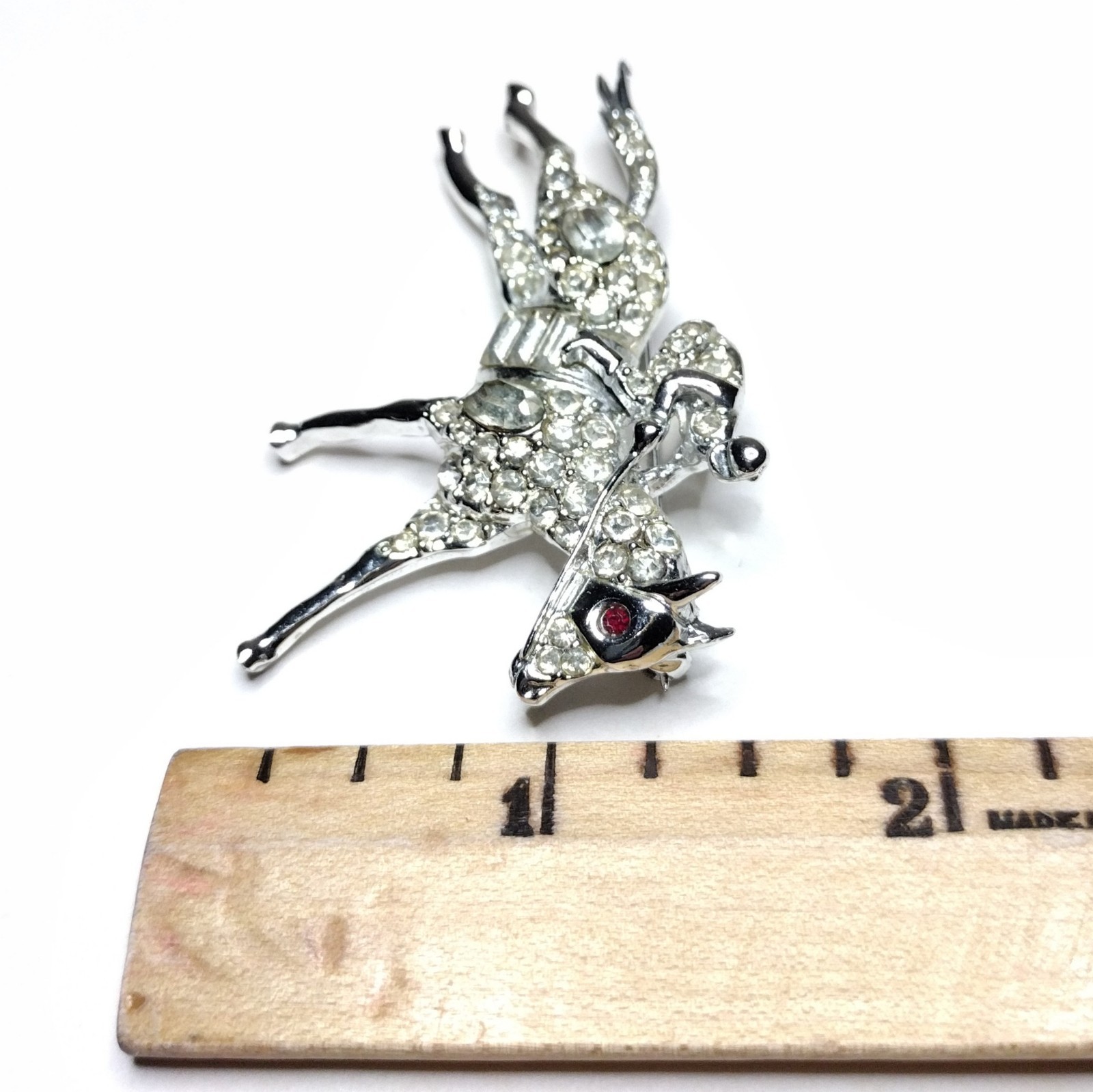 Vtg Rhinestone Equestrian Brooch Pin Derby Race Horse & Rider White Metal PELL ?