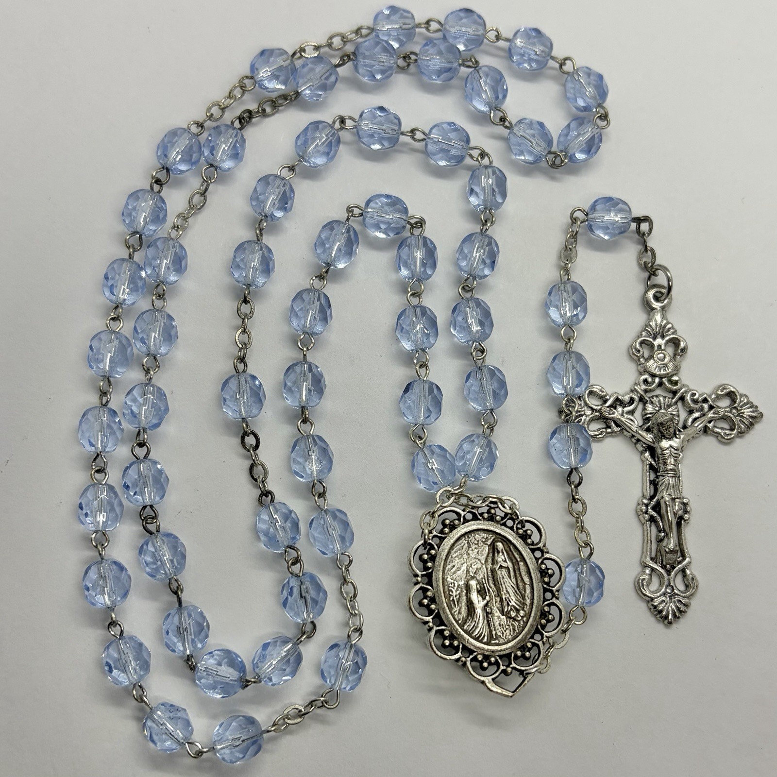 Vtg Religious Catholic Blue Glass Lourdes Cross Rosary Bead Necklace Holy Water