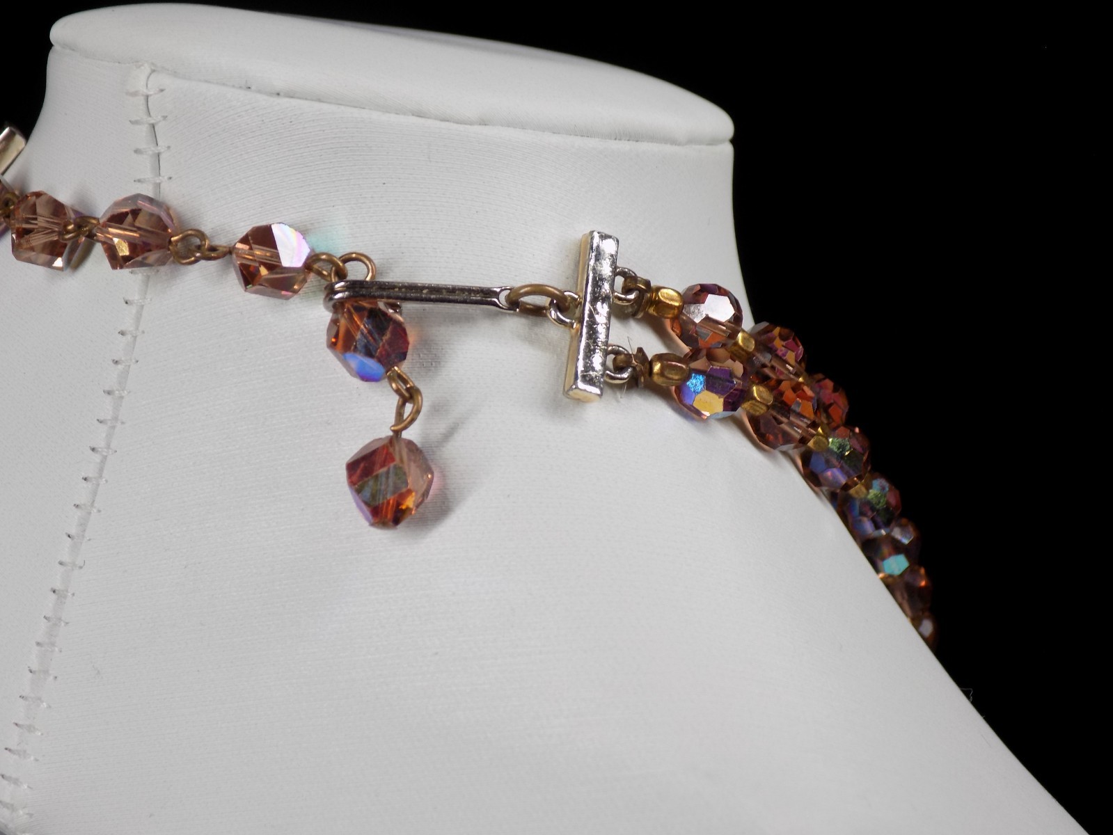Vintage Crystal Necklace Golden Smoky AB Aurora Borealis Beads 2 Rows 16″ +1.5″
