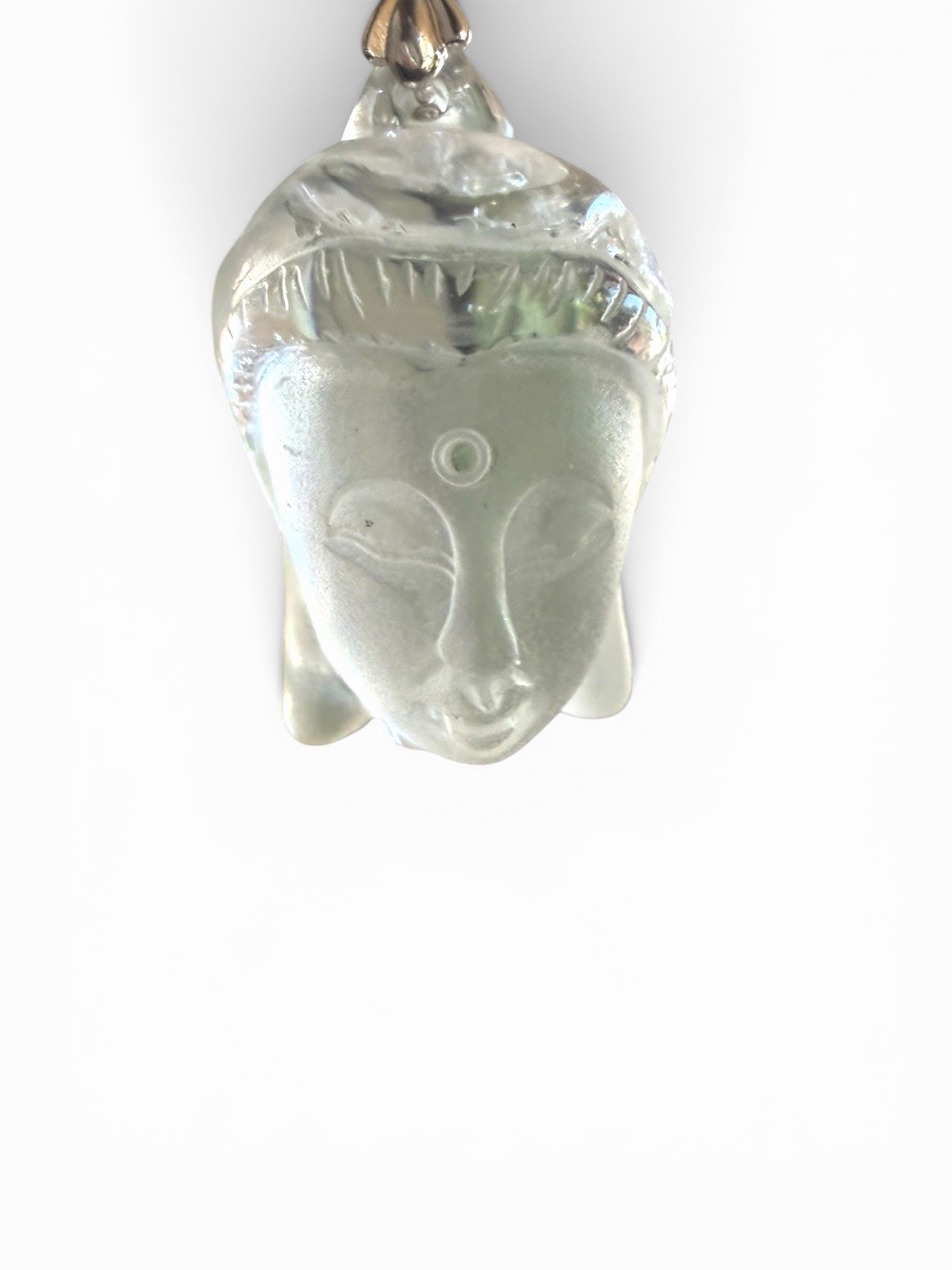 Vintage Frosted Crystal Buddha Head Pendant 18K GP Bail Smooth Carved Figure