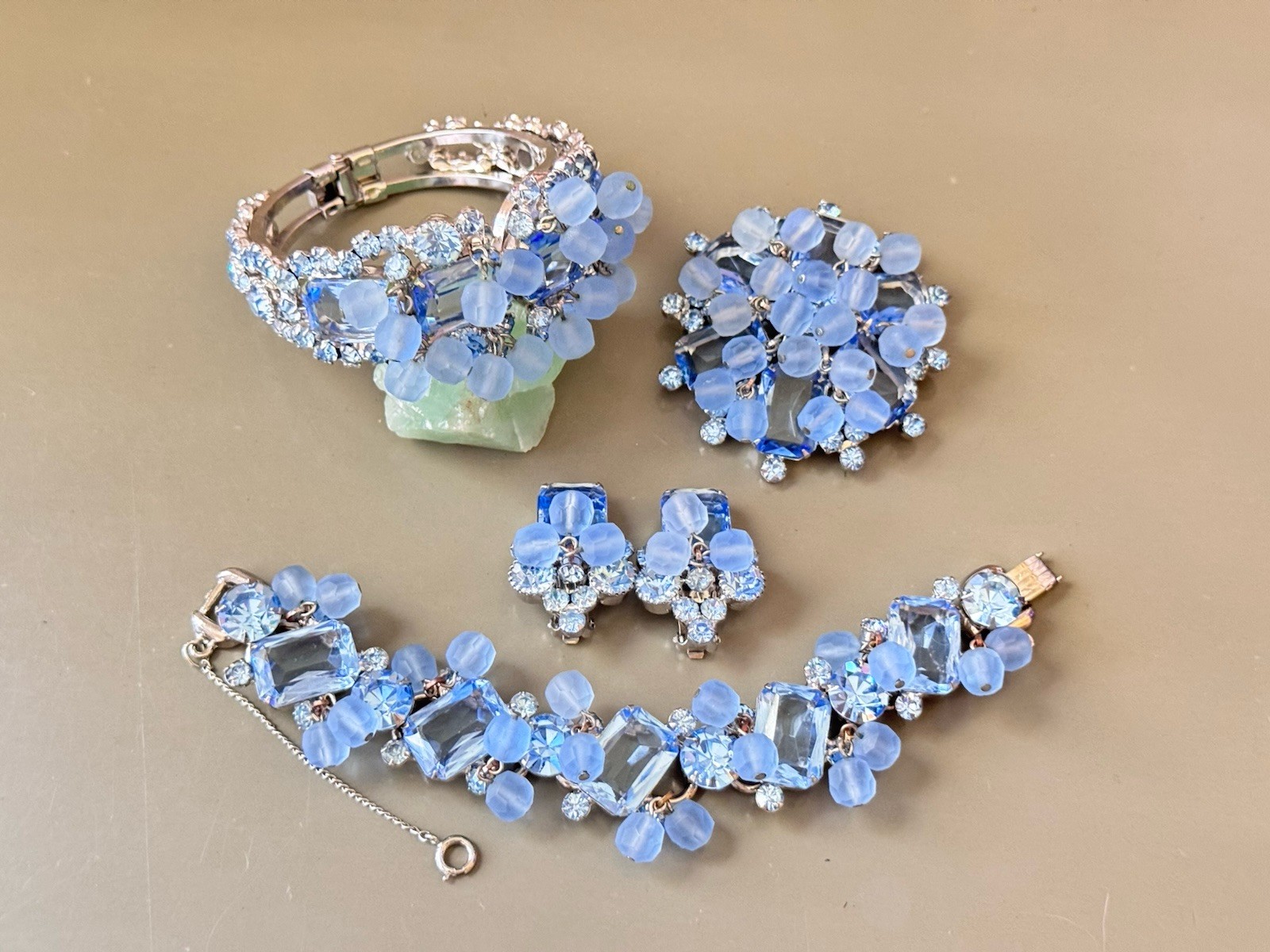 Vintage Verified JULIANA Bracelets, Brooch & Earring Set, Blue Octagon & Beads