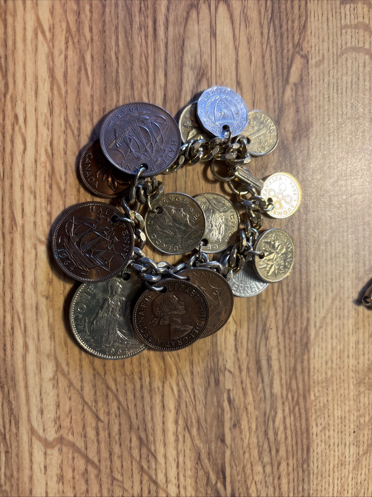 Vintage 15 xx World Coin Charm Bracelet – Mixed Foreign Coins on Gold Tone Chain