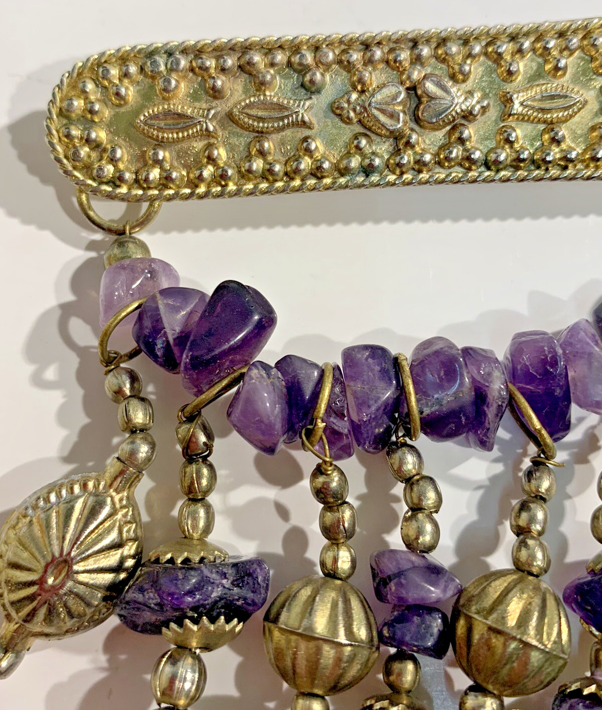 Estate Vintage Amethyst Rocks & Dangle Brass Beads Bar Brooch Pin 2.5″ x 3″