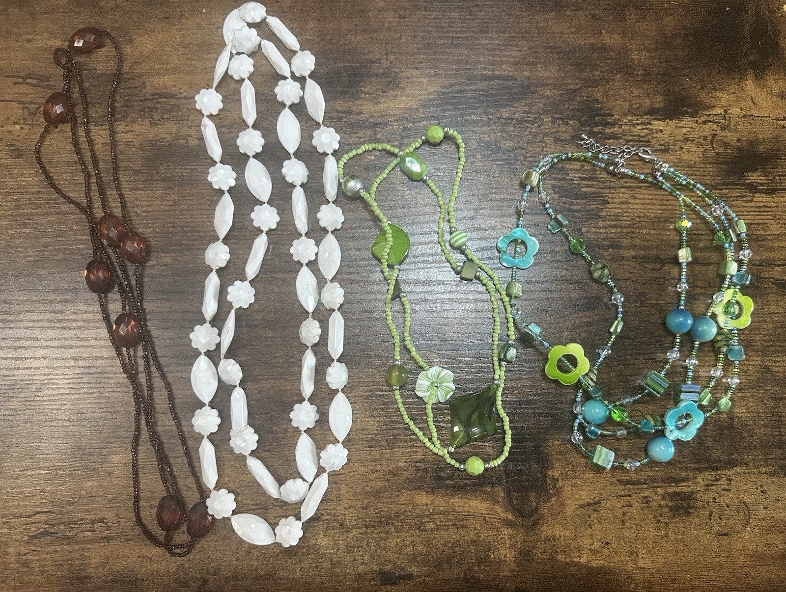 Vintage Style Beaded Necklace Lot Green White Brown Glass Acrylic Jewelry