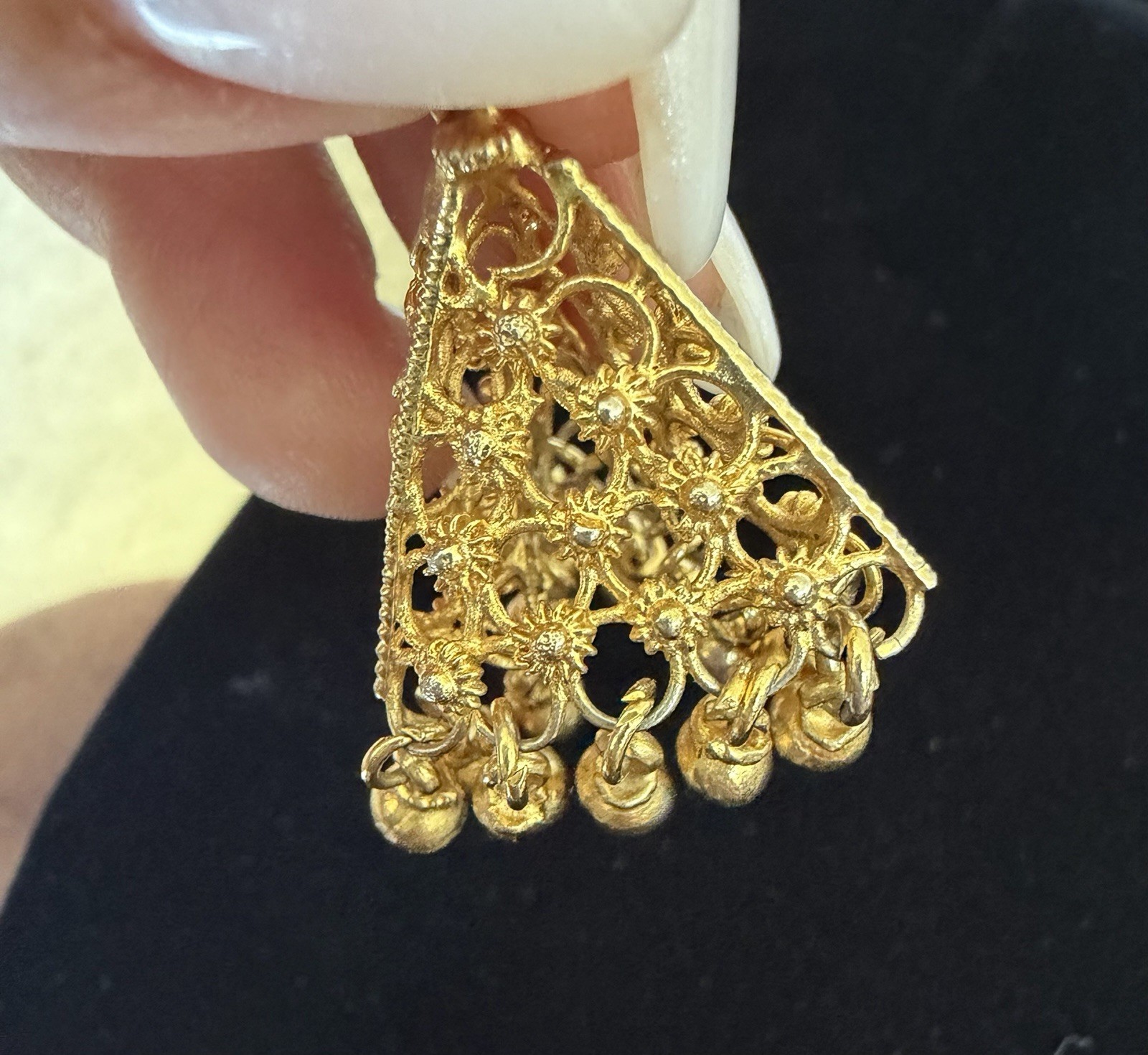 Gold Tone Filigree Dangle Pendant Boho Ethnic Tribal Charm w/ Bead Fringe