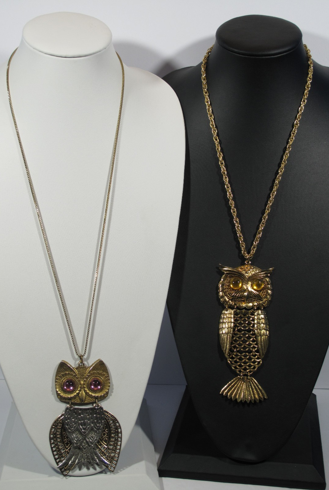Lot of 2 VTG Owl Necklace Gold~Silver Tone~Pink~Amber Eyes~24″-30″ Chain-64-108g
