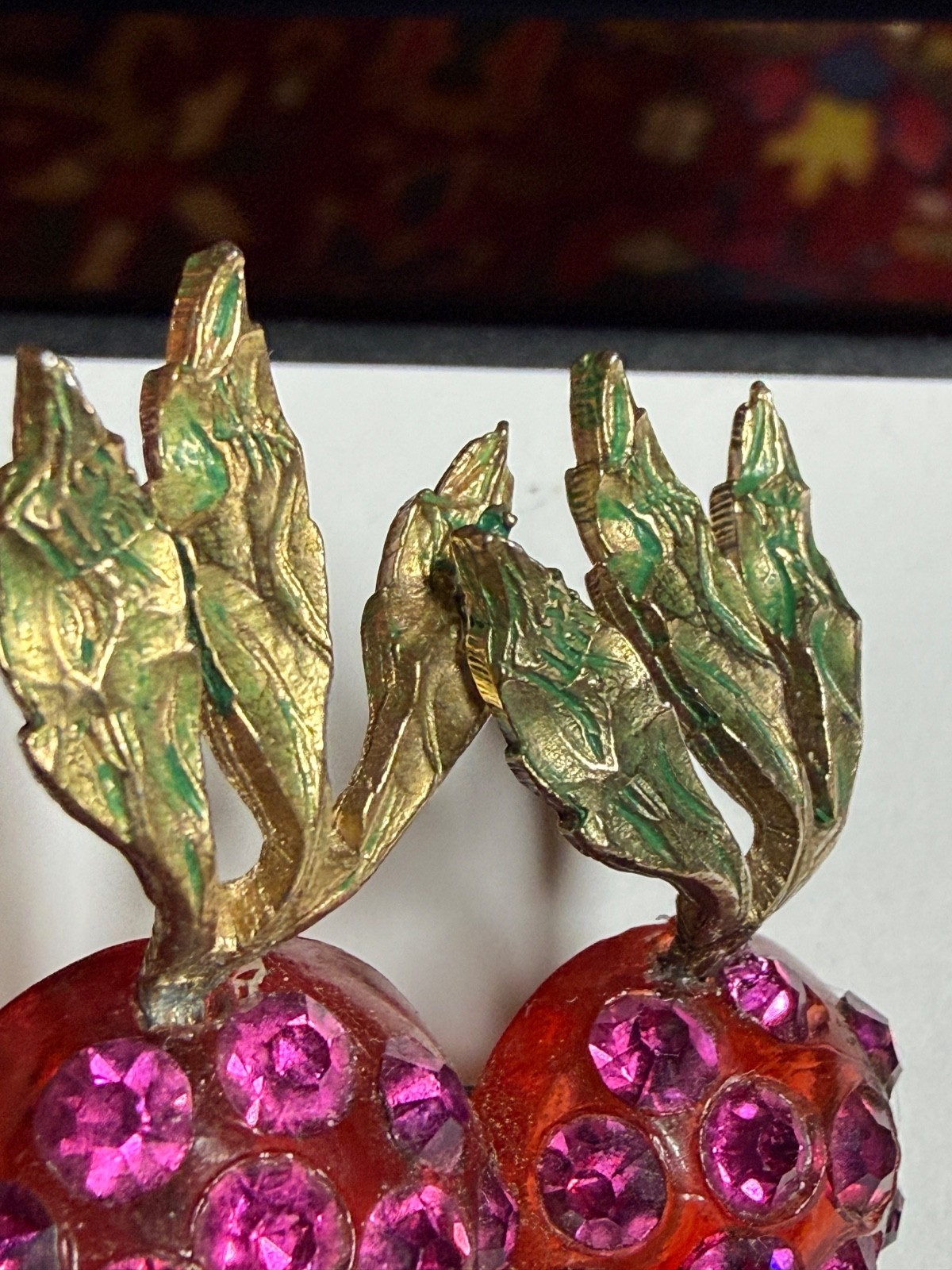 Vintage Forbidden Fruit radish brooch RARE lucite hot pink rhinestones enameled