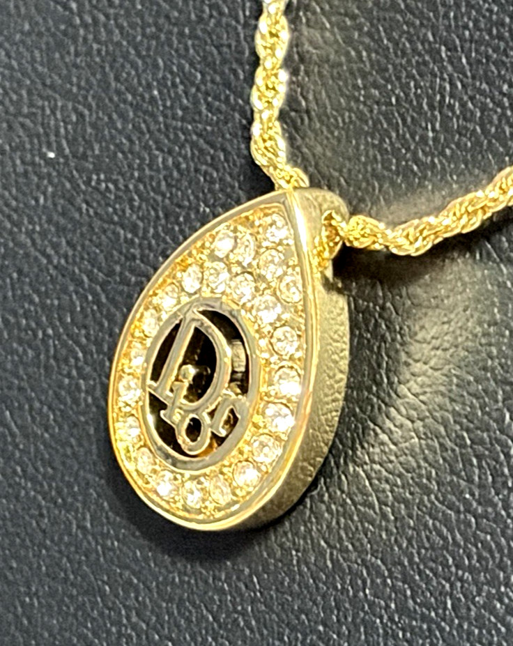 Christian Dior necklace pendant with CD logo rhinestones gold plated teardrop
