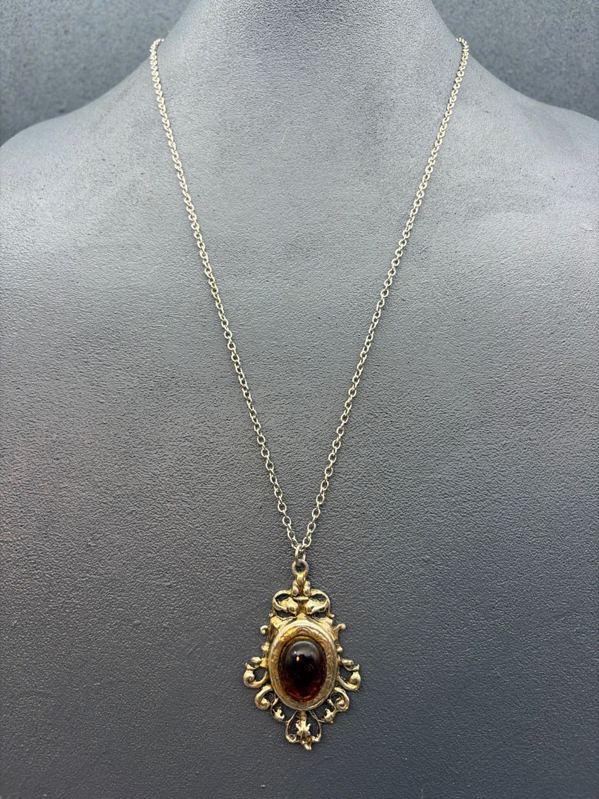 Vintage Ornate Pendant Necklace 24 In As Is Gold Amber Oval Domed Stone Silver