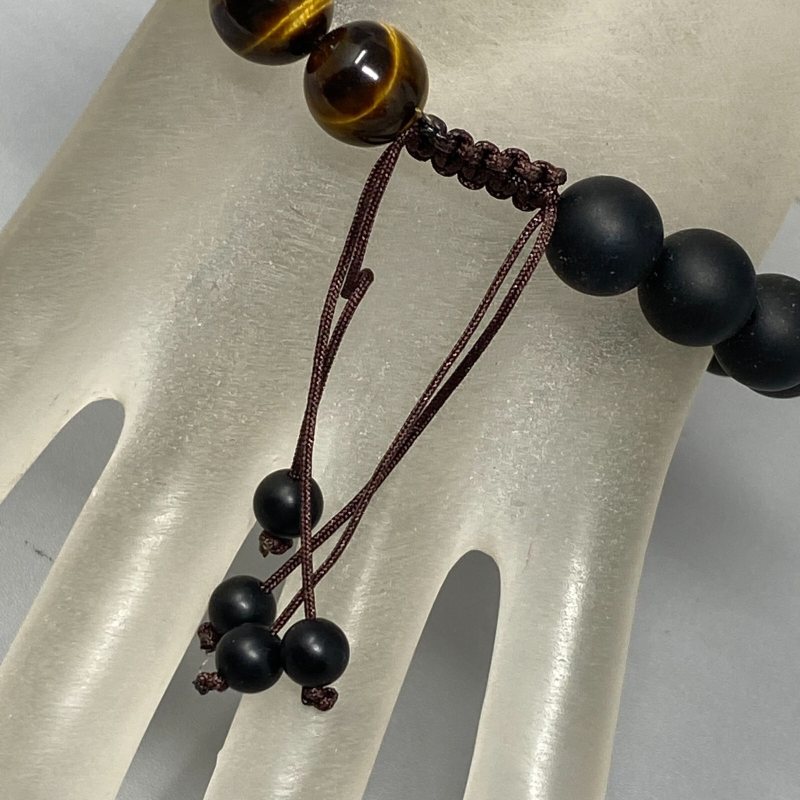 Mixed Stone Bracelet Gold Tigers Eye Black Matte Beads Buddha Head Slide 7-8″
