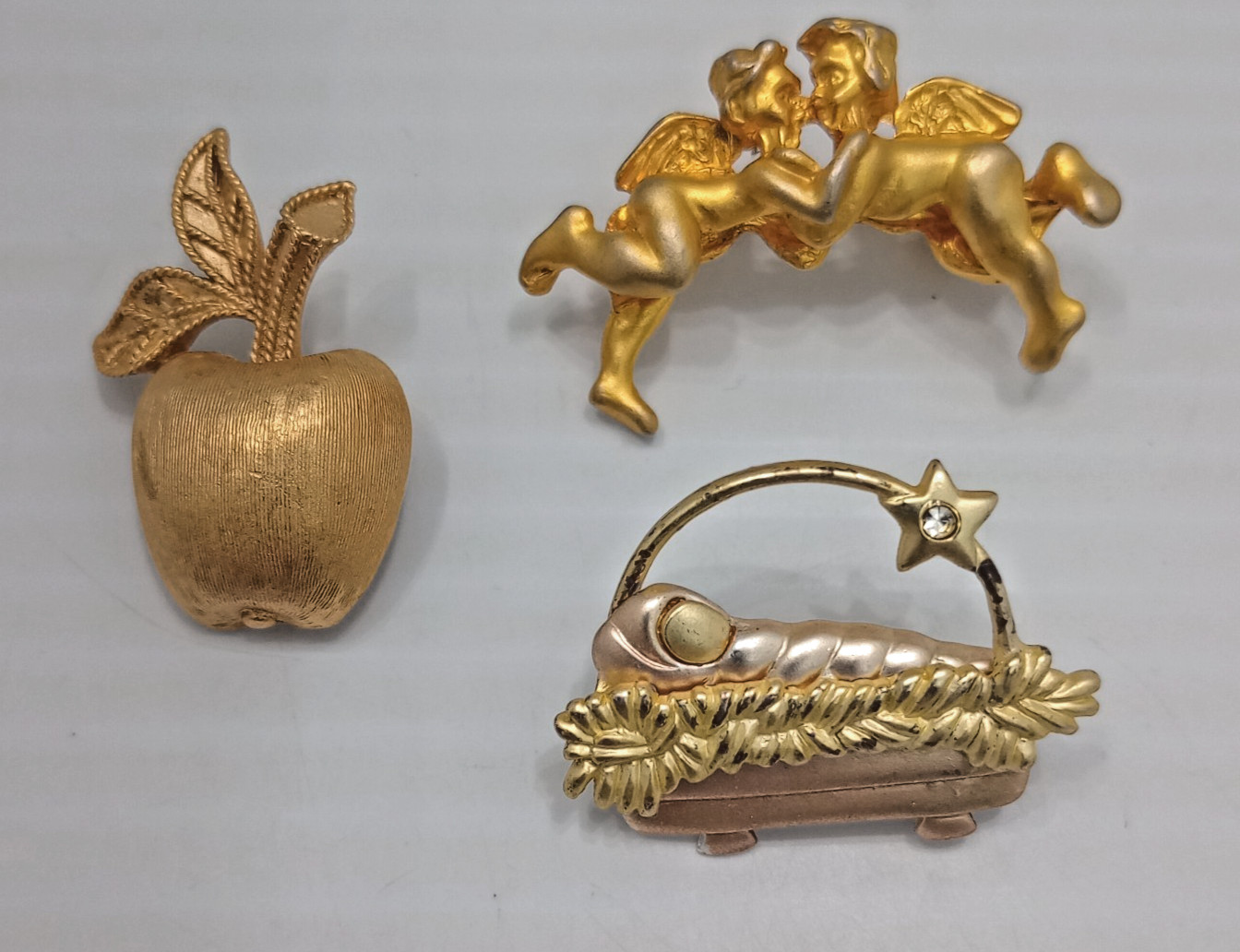 Lot 3 Vintage Gold Tone Brooches Avon Apple Angel Nativity