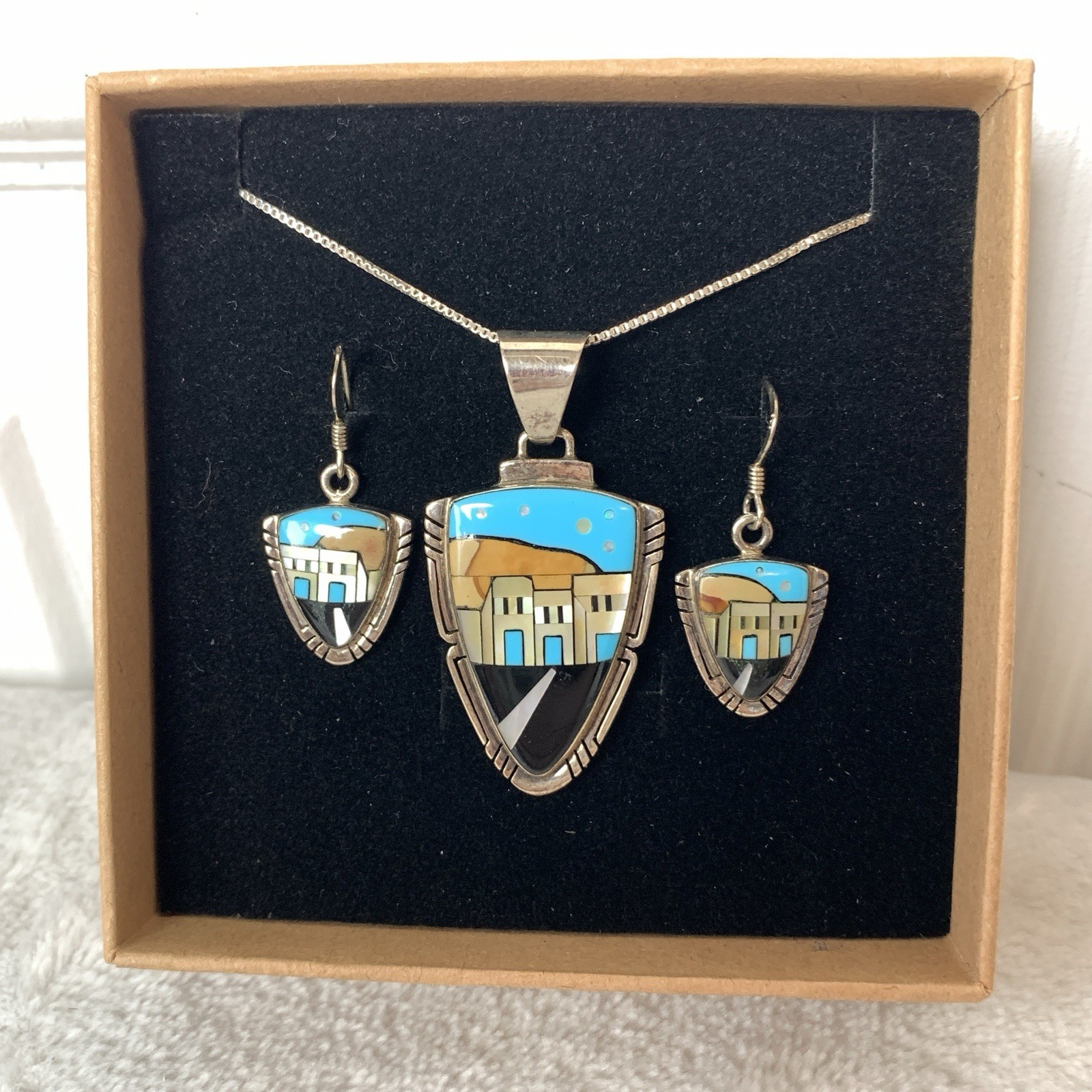 VTG Sterling Silver 925 Southwest Inlay Village Necklace Earring Set Signed VC