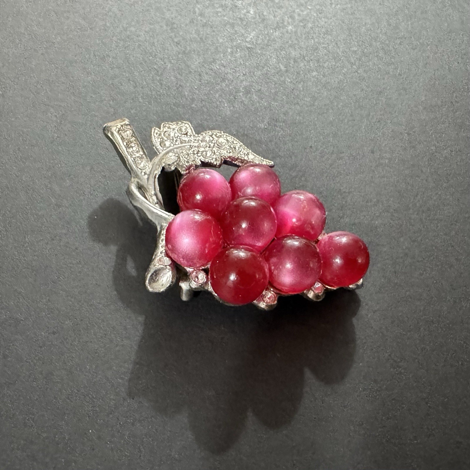 Vintage Coro Style Moonstone Lucite Grape Cluster Rhinestone Leaf Brooch