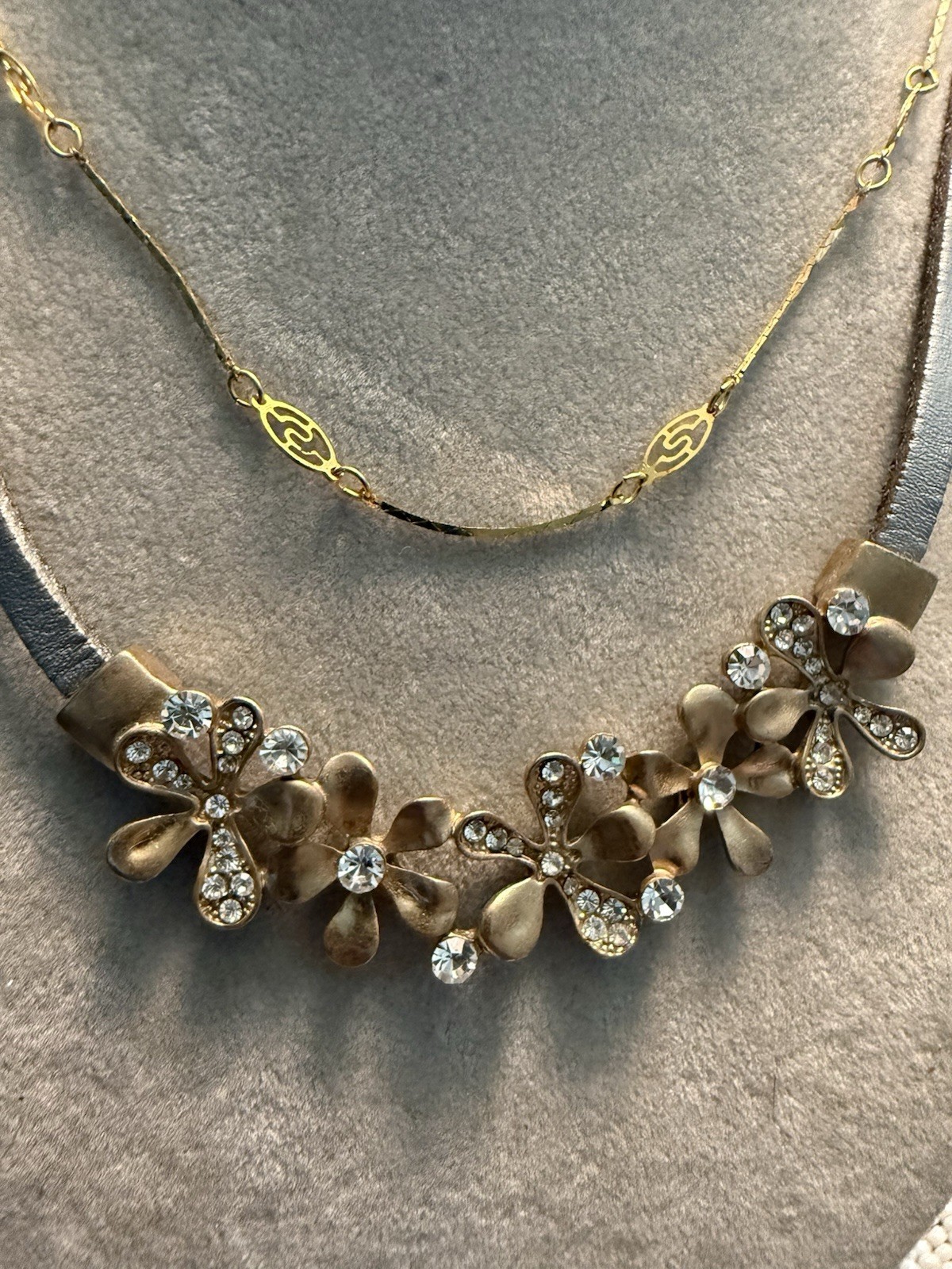 VTG 14” RHINESTONE & GOLD PLATED & LEATHER CHOKER NECKLACE – Costume Jewelry