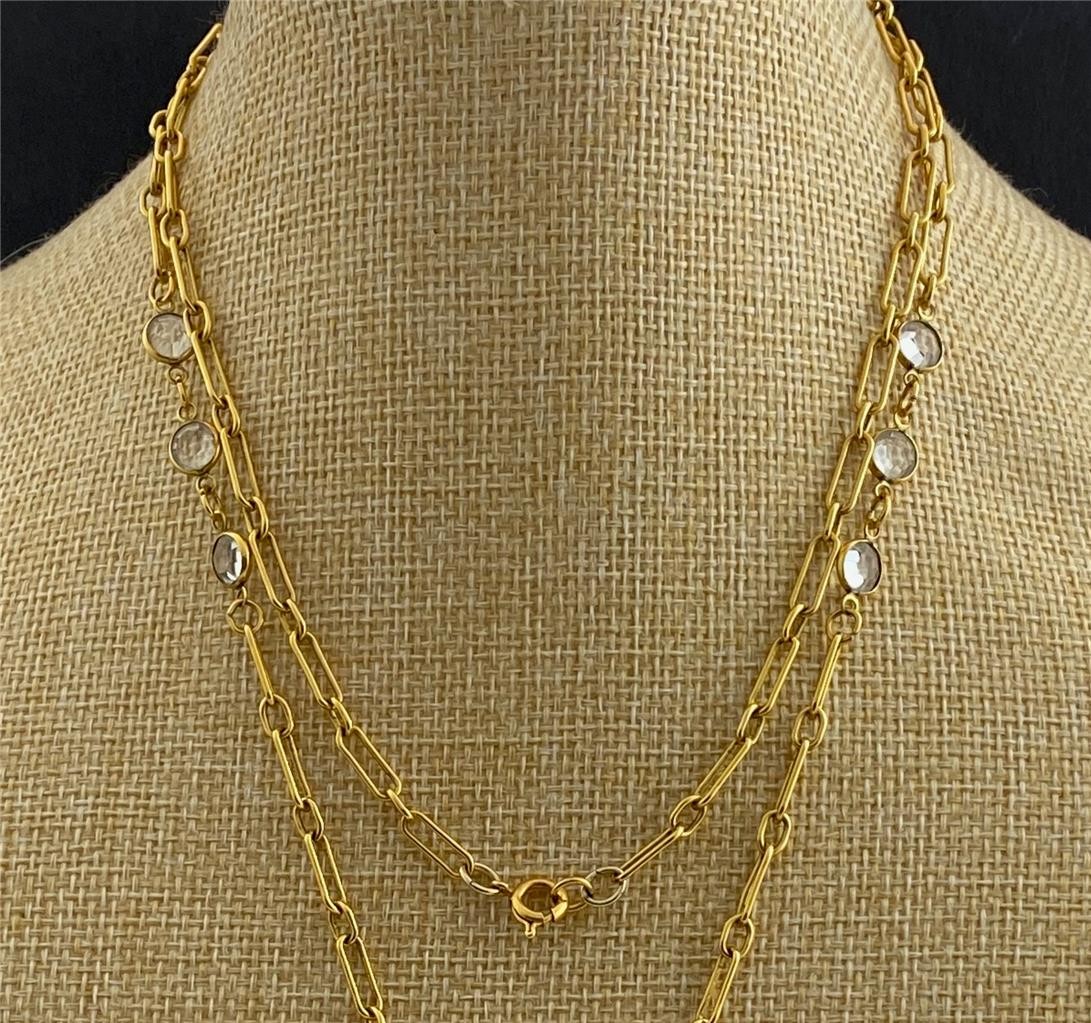1970’s Bezel Set Crystal Station Gold T. Link Chain Clear Faceted Pendant 34″