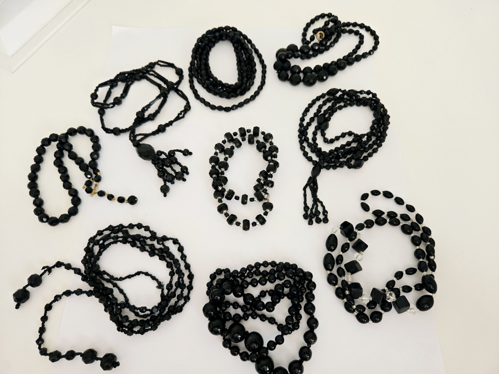 Lot of 9 Vintage Black Glass Faceted Beads Necklaces Different Styles & Sizes