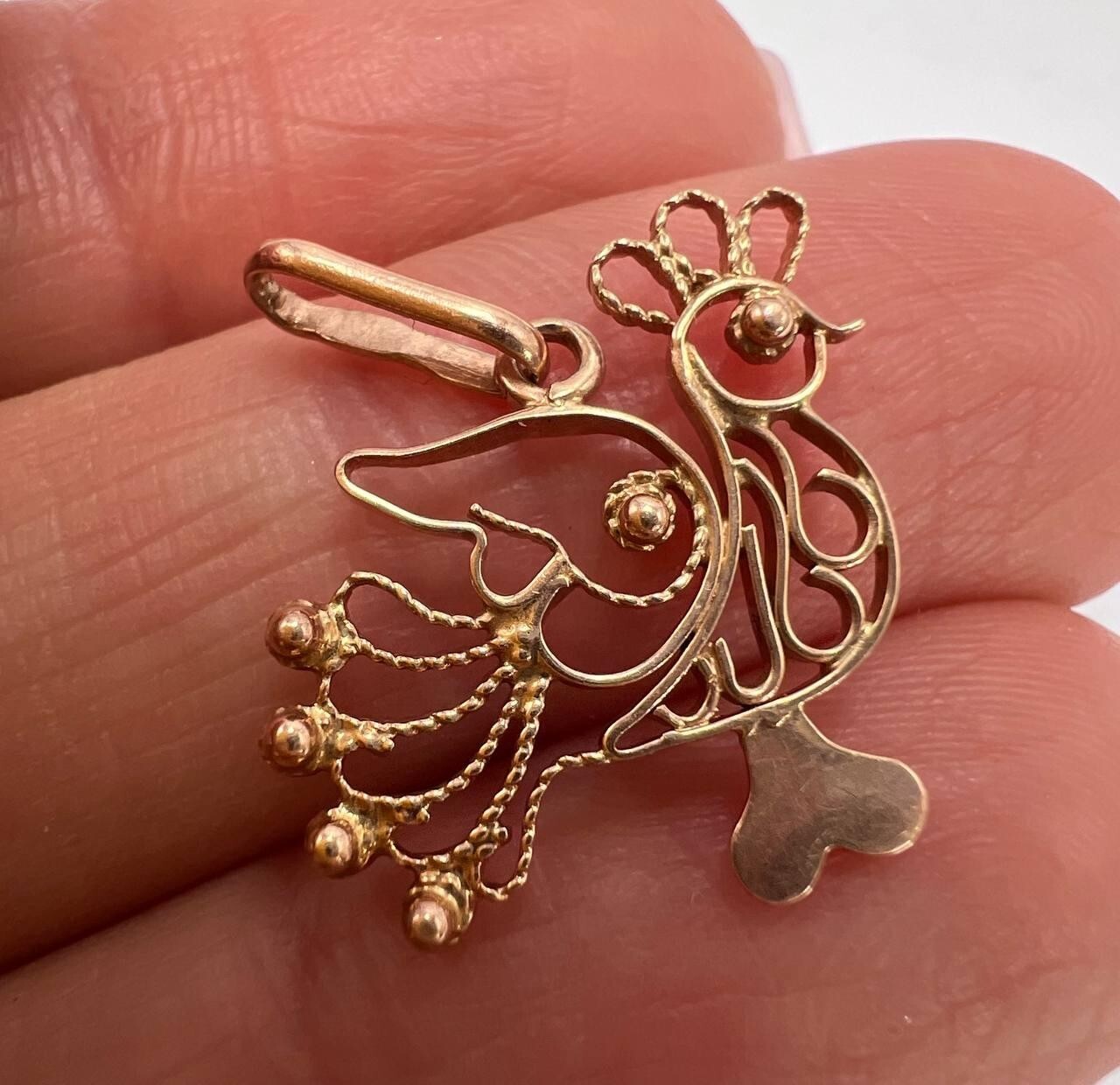 Vintage USSR 14K 583 Rose Gold Filigree Rooster Pendant 0.78in Jewelry Gift
