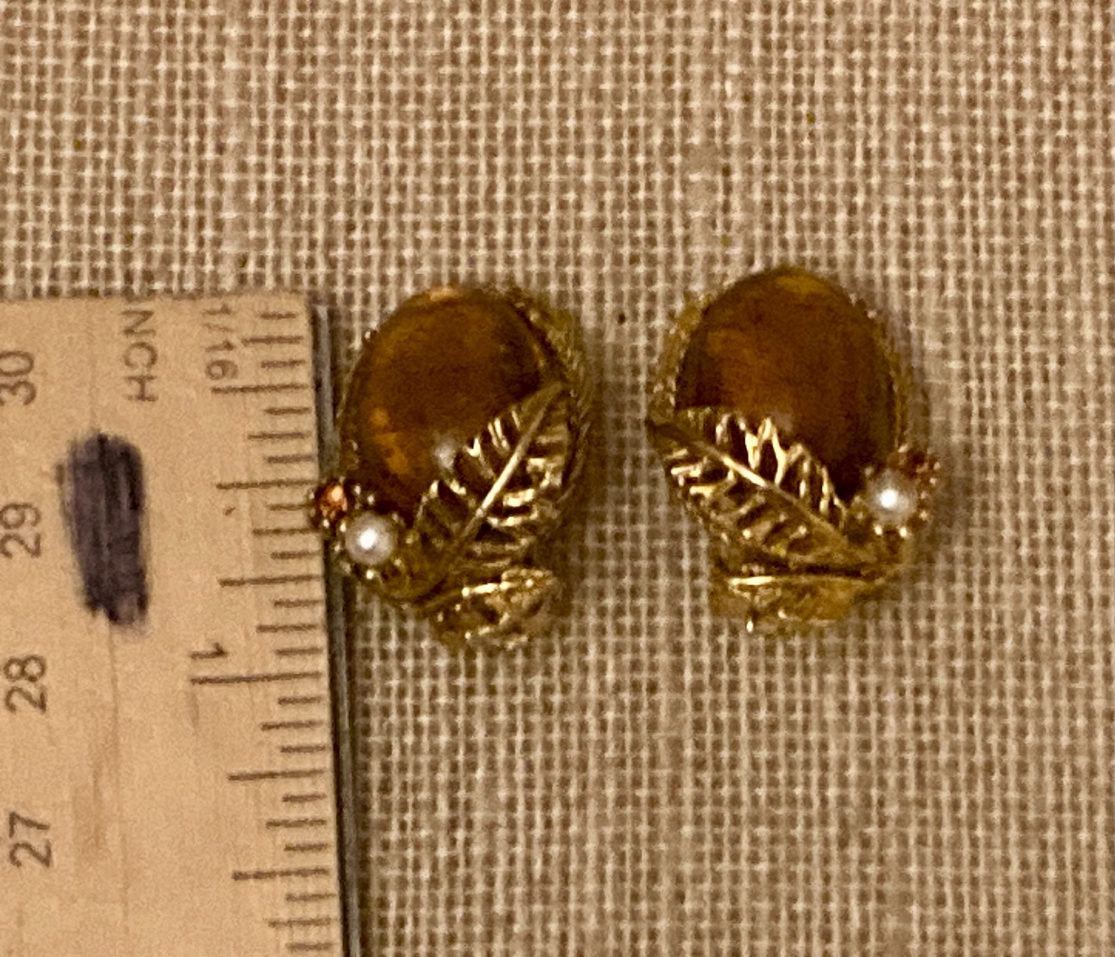 Vintage Faux Amber Glass Cabochon Earrings Gold Tone Leaf Faux Pearl Accent Clip
