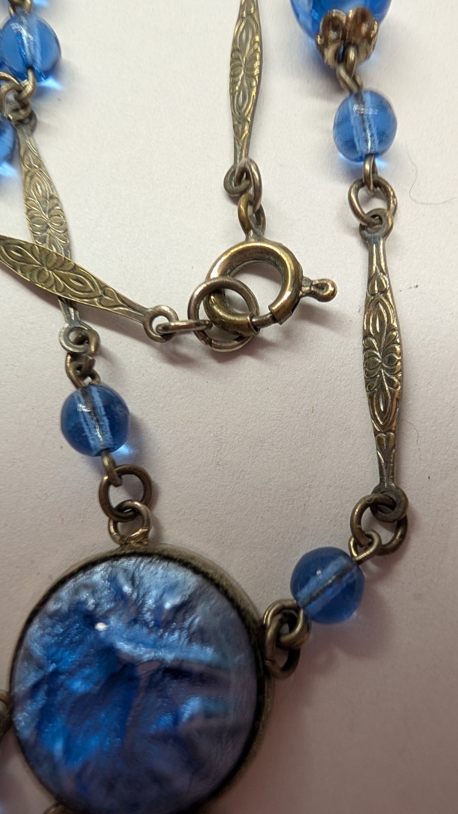 Vintage Czech ART DECO sky blue & silver foiled glass bead dangle drop necklace