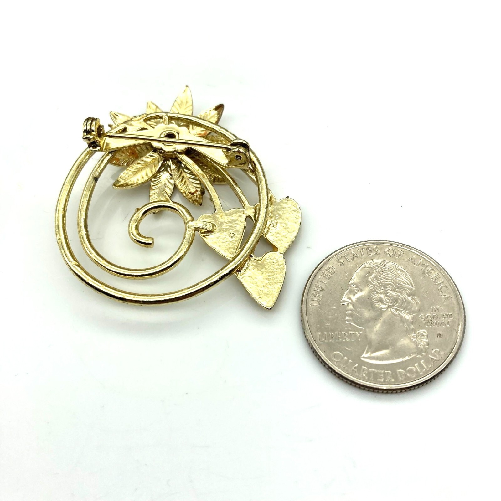 Vintage Hearts and Flowers Brooch, Gold Tone MCM Spiral Lapel Pin