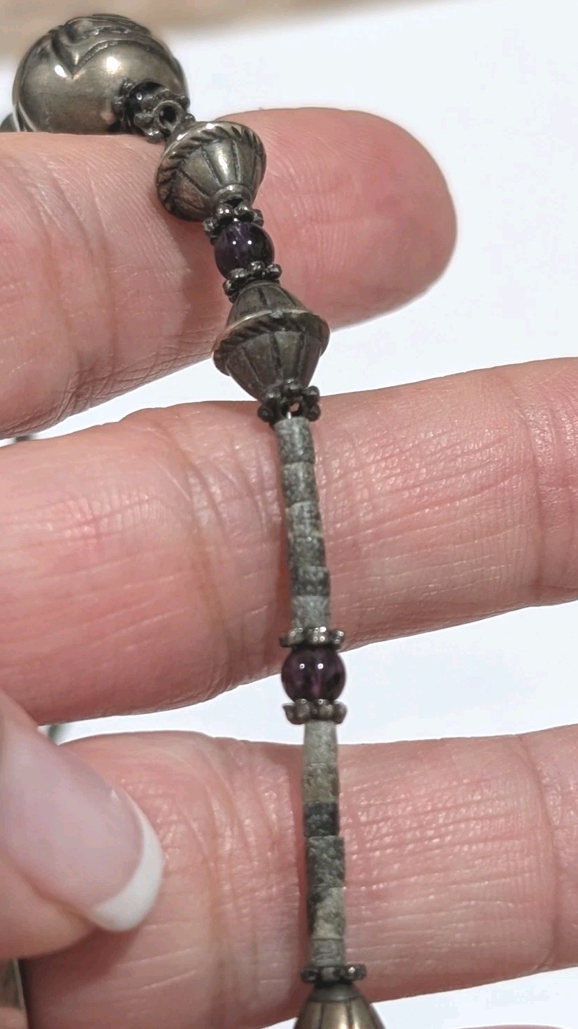 Vtg Sterling Silver Natural Green Jasper Amethyst Rose Bead Beaded 18″ Necklace